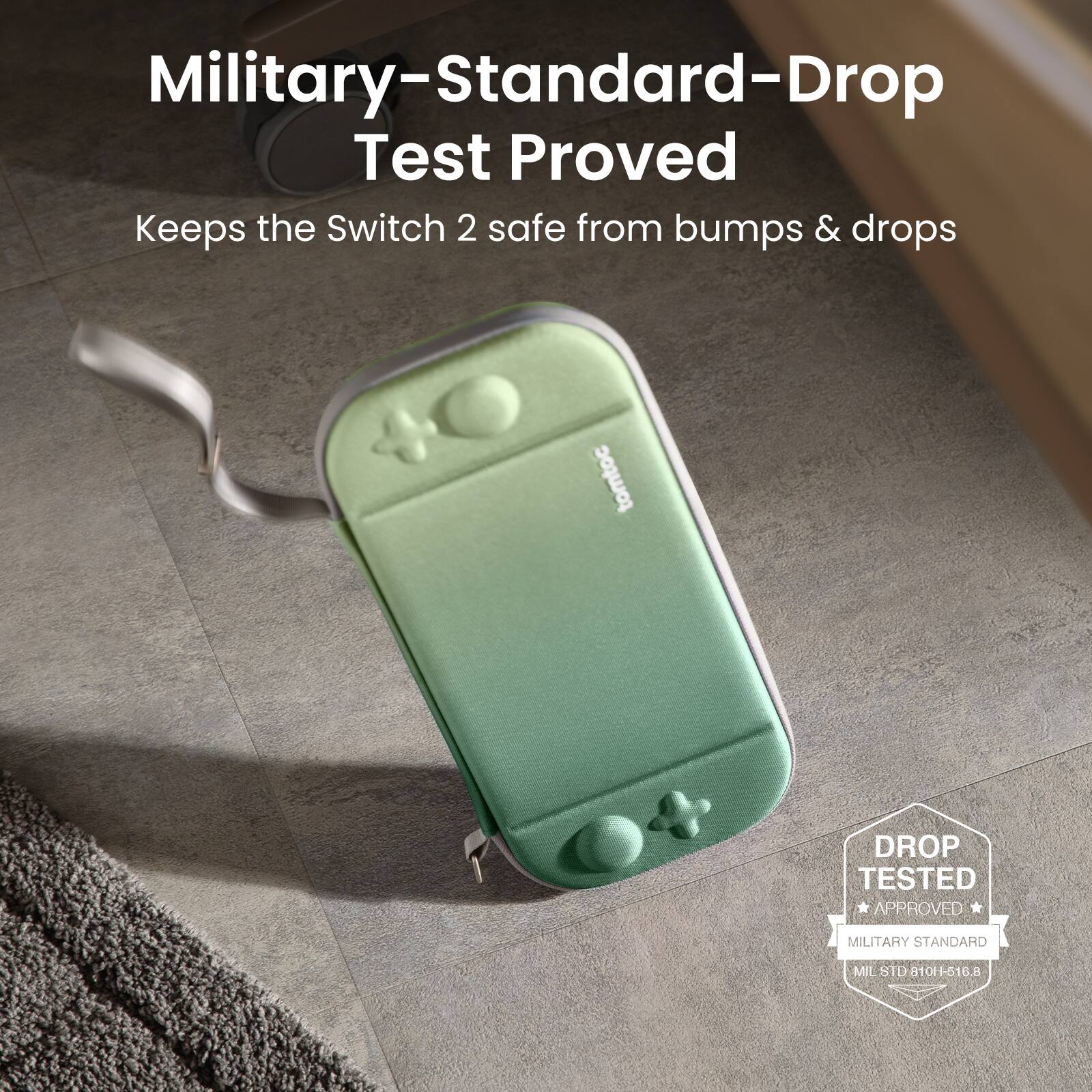 Military-Standard-Drop Test Proved Keeps the Switch 2 safe from bumps & drops tomtoc DROP TESTED APPROVED MILITARY STANDARD MIL 8TD-810H-516.8