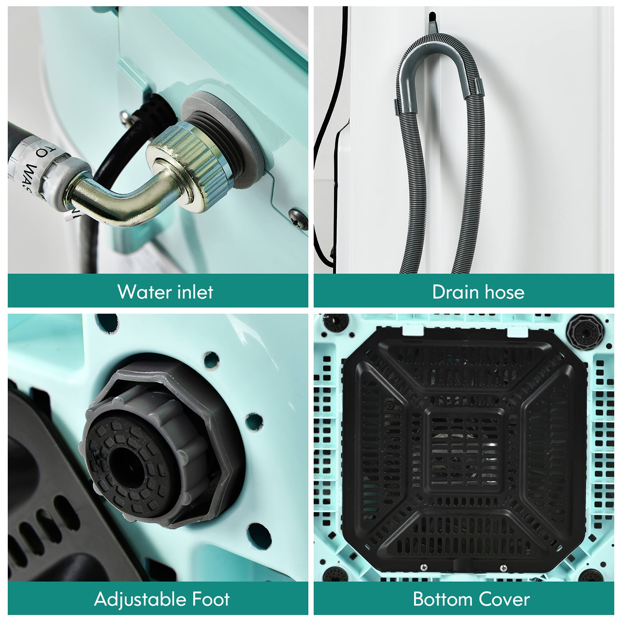 The text on the image is grouped and corrected as follows:

1. Water inlet: This is the part of the system that supplies water to the engine.
2. Drain hose: This is the part of the system that drains water away from the engine.
3. Adjustable foot: This is a feature that allows the user to adjust the height of the system to fit their specific needs.
4. Bottom cover: This is a protective cover that sits on the bottom of the system to prevent debris from entering and causing damage.