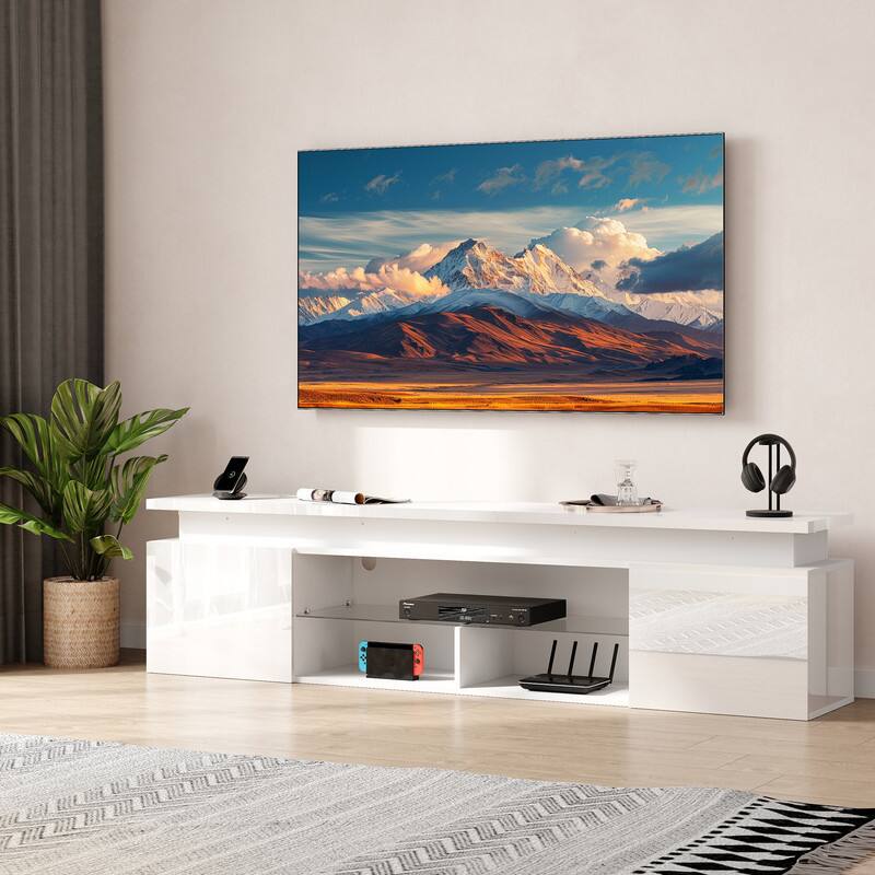 Alt View 7. Skyzoo - Skyzoo Modern TV Stand for 50-85" TVs, Entertainment Center with LED Lights, Power Outlet & Storage - White.