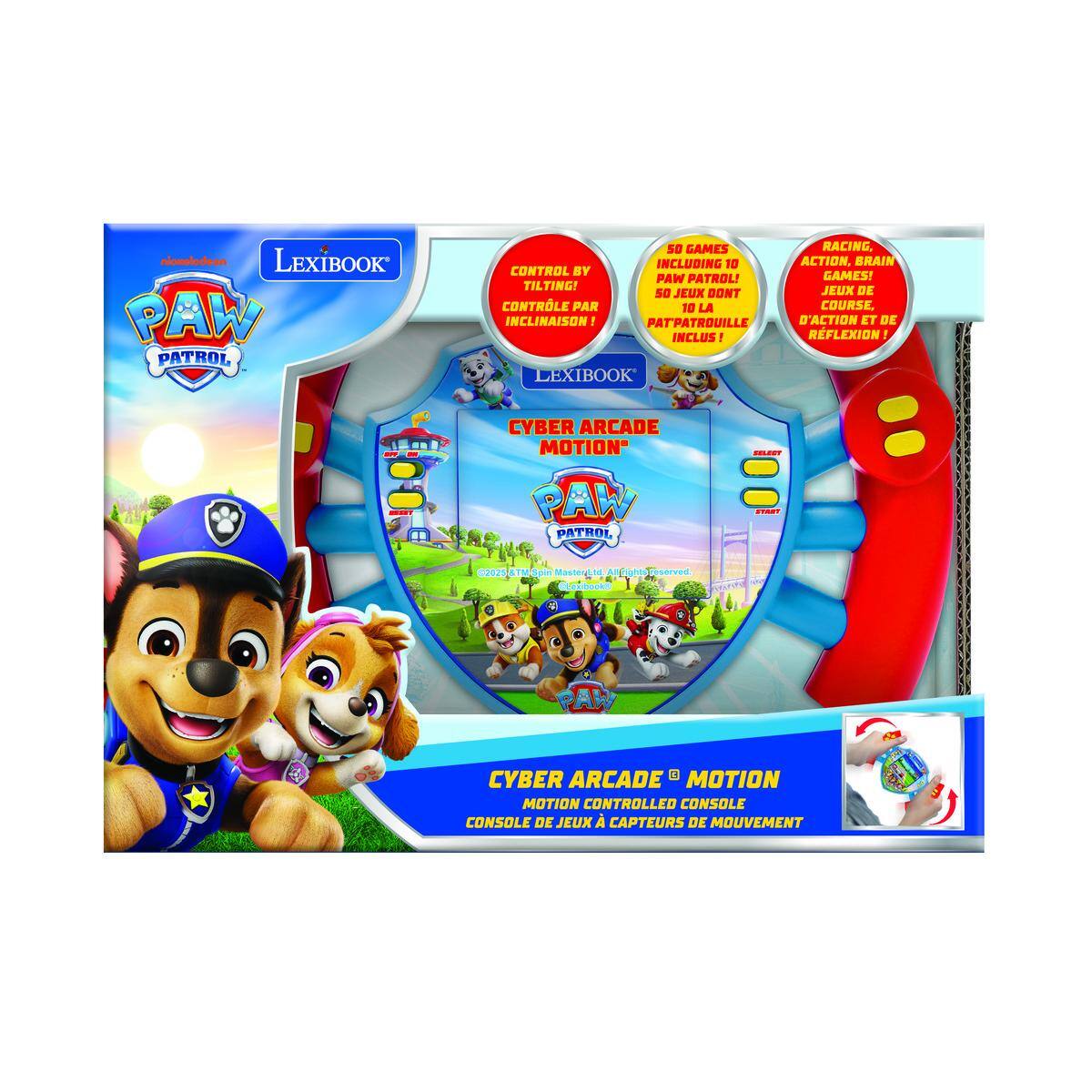 LEXIBOOK PAW PATROL 5e GAMES INCLUDING 10 CONTROL BY PAW PATROL! TILTING! sO JEUX DONT CONTRLE PAR 10 LA INCLINAISON ! PATPATROUILLE INCLUS LEXIBOOK RACING ACTION. BRAIN GAMES! JEUX DE COURSE. D'ACTION ET DE RFLEXION 1. CYBER ARCADE MOTION" PAW PATROI CELEET =: START  ATW0 Masterdie ALTONS SorSE Cdocke +  CYBER ARCADE  MOTION MOTION CONTROLLED CONSOLE CONSOLE DE JEUX A CAPTEURS DE MOUVEMENT