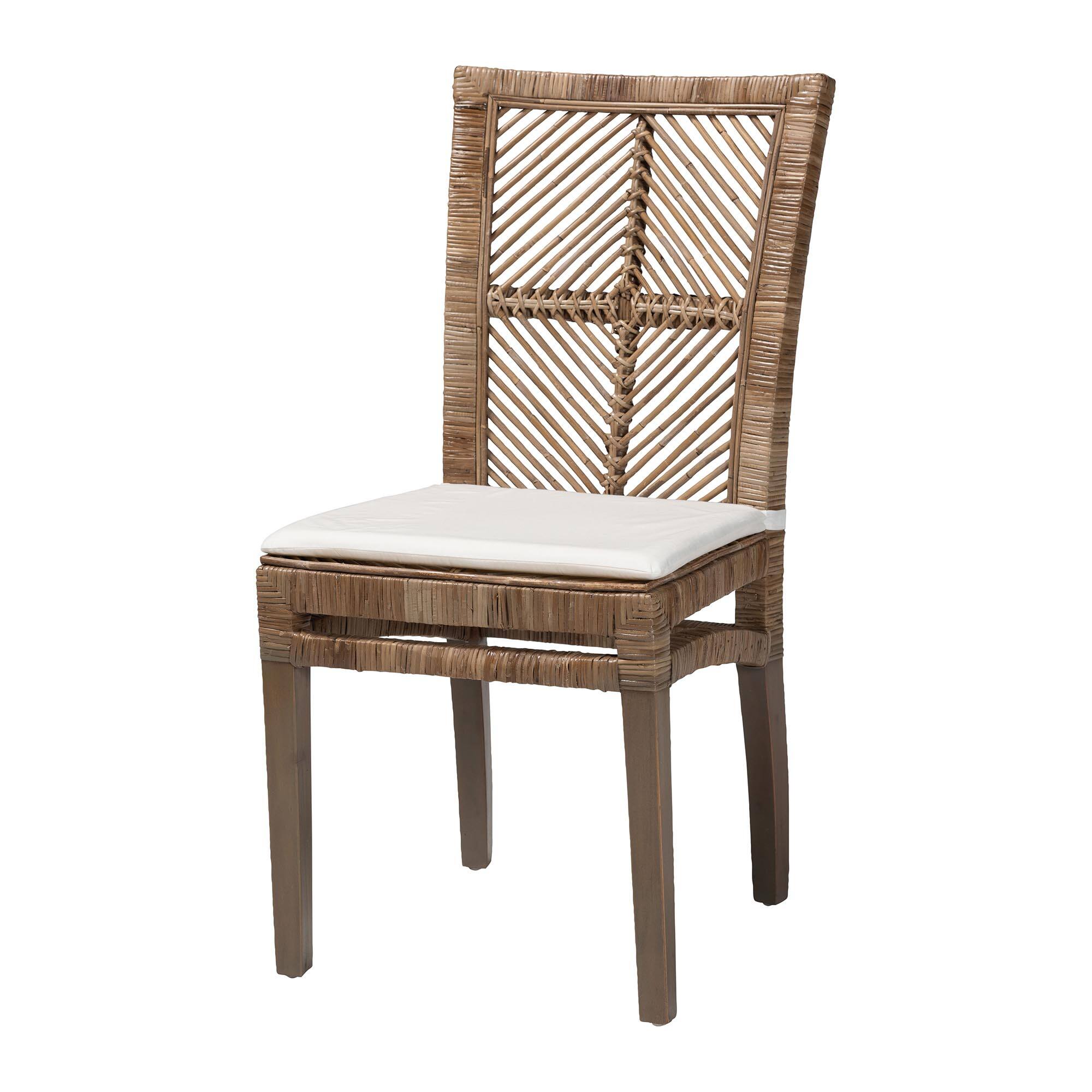 Front. bali & pari - Laluna Modern Bohemian Natural Rattan and Mahogany Dining Chair with Cushion - Greywashed/White.