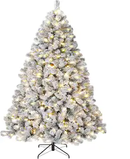 GARVEE - 6FT Prelit Fluffy Snow Flocked Fraser Fir Artificial Christmas Tree with Warm White Lights for Holiday Home Decor - Full Flocked White