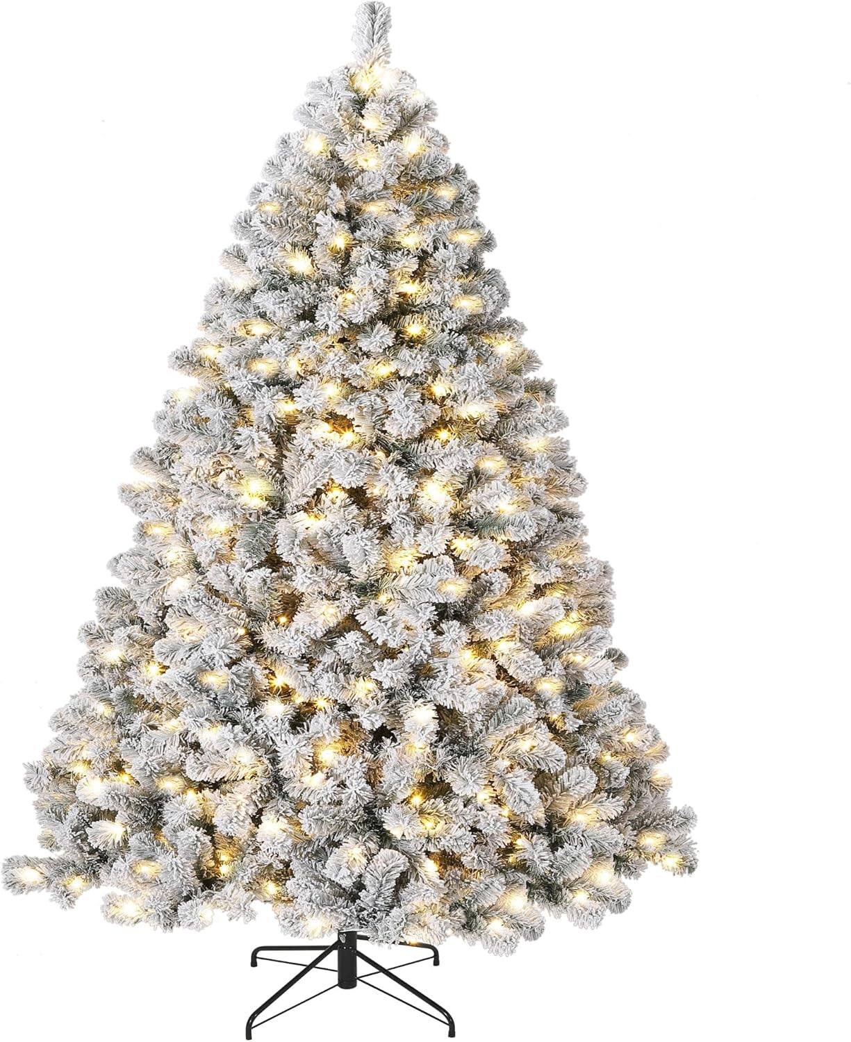 Front. GARVEE - 6FT Prelit Fluffy Snow Flocked Fraser Fir Artificial Christmas Tree with Warm White Lights for Holiday Home Decor - Full Flocked White.