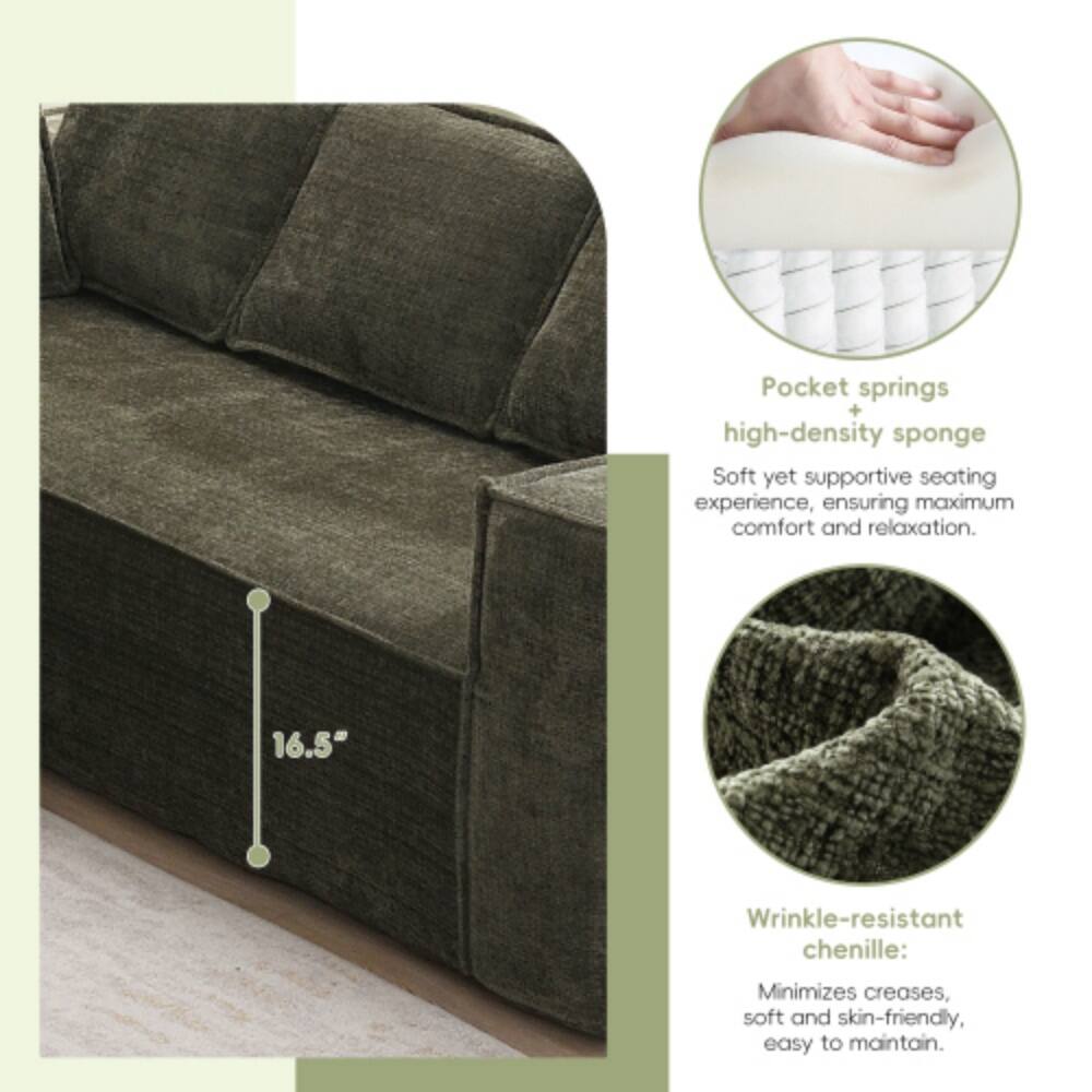 Pocket springs + high-density sponge  
Soft yet supportive seating experience, ensuring maximum comfort and relaxation.  

16.5"  
Wrinkle-resistant chenille:  
Minimizes creases, soft and skin-friendly, easy to maintain.
