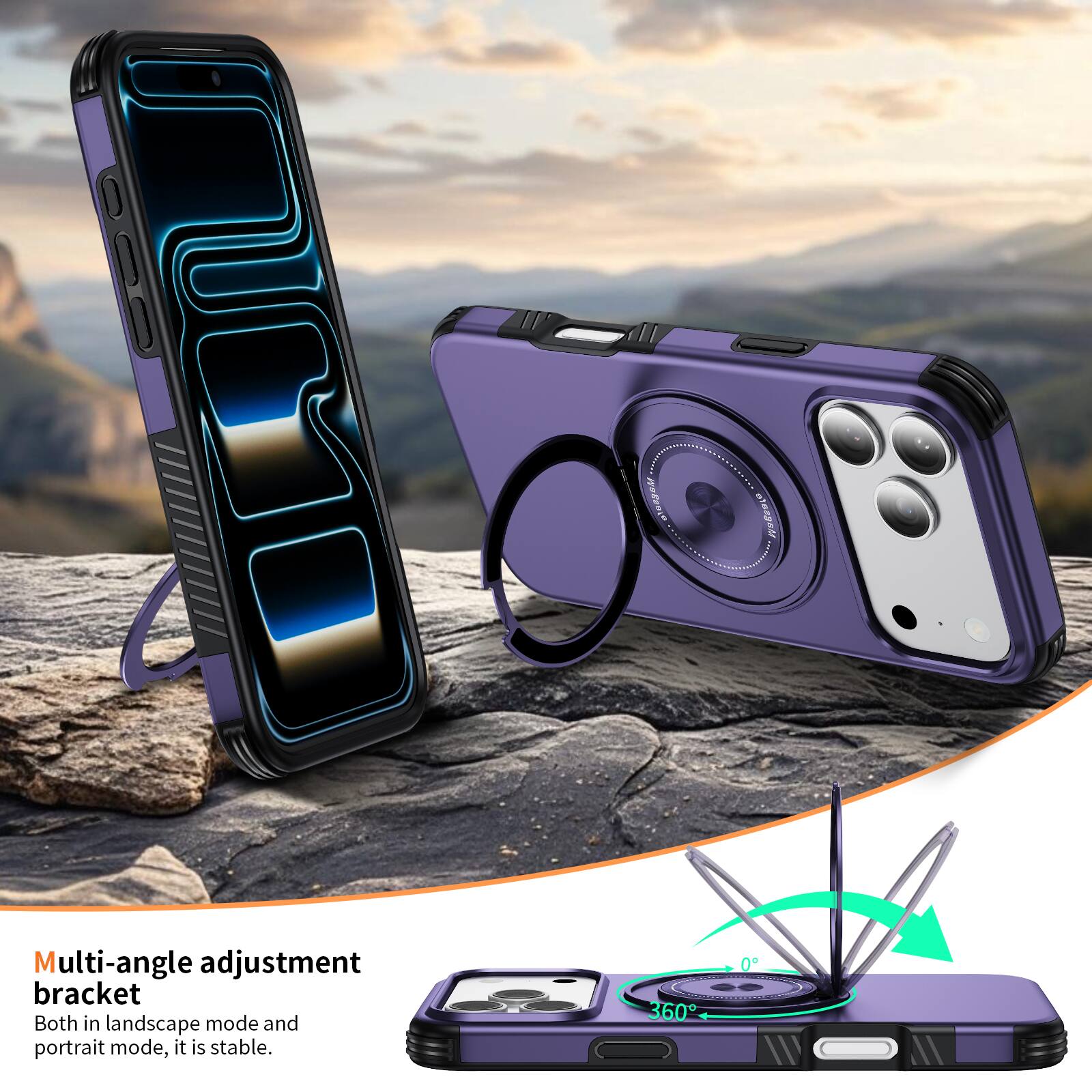 Multi-angle adjustment bracket  
Both in landscape mode and portrait mode, it is stable.  
360°