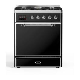 ILVE - Majestic II Series 30 in. Dual Fuel Range with 5 Sealed Burners (Natural Gas, Chrome Trim) - Glossy Black