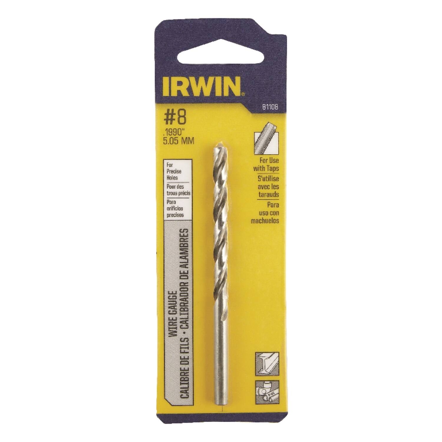 IRWIN  
81108  
#8  
1.990"  
5.05 MM  

For Precise Holes  
Pour des trous précis  
Para agujeros precisos  

WIRE GAUGE  
CALIBRE DE FILS  
CALIBRE DE ALAMBRES  

Use with Taps  
S'utilise avec les tarauds  
Para uso con machuelos