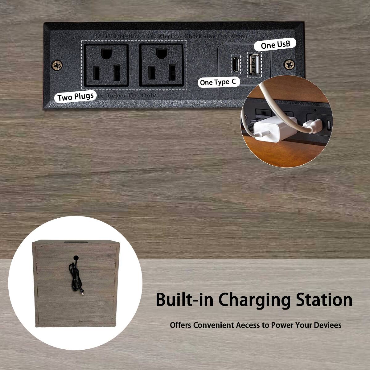 CAUTION: Risk Of Electric Shock. IN Not: One Type-C Plugs or Indoor Use Only. Two Plugs. One USB. Built-in Charging Station Offers Convenient Access to Power Your Devices