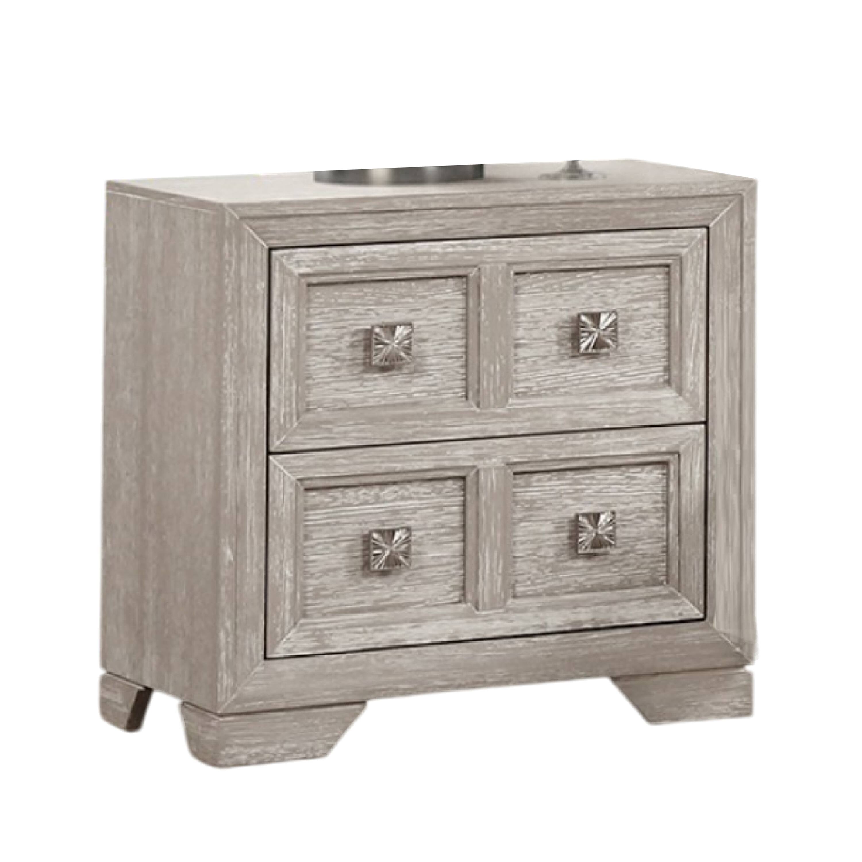 Front. Manhattan Lane - Diaz Nightstand with 2 Drawers, Sunburst Design Front - Light Gray, Nickel.