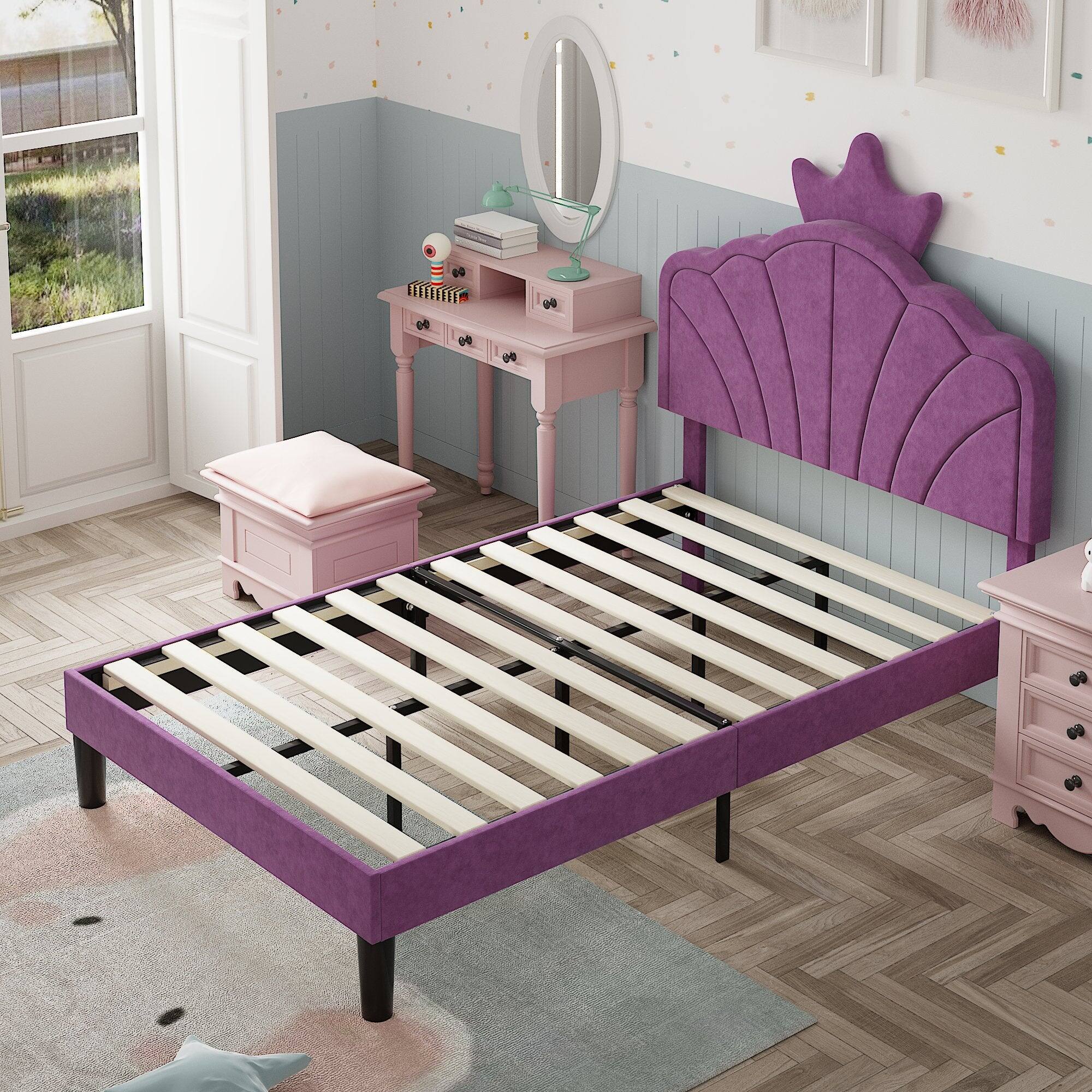 Alt View 2. Vecelo - Kids Princess Bed Frame with Crown Headboard, Upholstered Velvet Twin Bed for Girls - Purple.