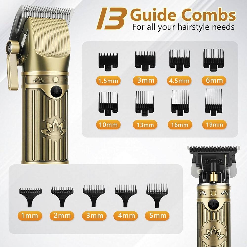 13 Guide Combs  
For all your hairstyle needs  

1.5mm  
3mm  
4.5mm  
6mm  
10mm  
13mm  
16mm  
19mm  

1mm  
2mm  
3mm  
4mm  
5mm