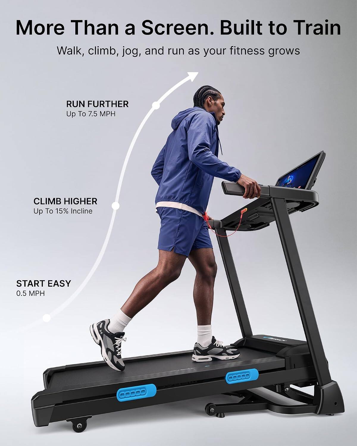 More Than a Screen. Built to Train  
Walk, climb, jog, and run as your fitness grows  

RUN FURTHER  
Up To 7.5 MPH  

CLIMB HIGHER  
Up To 15% Incline  

START EASY  
0.5 MPH