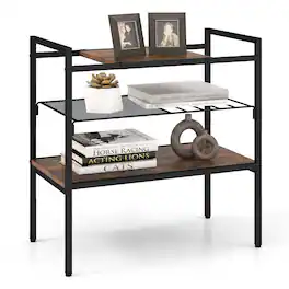 Costway - Industrial Entryway Table 3-Tier Sofa Side Table with Removable Panel & Mesh Shelf - Rustic Brown/Black
