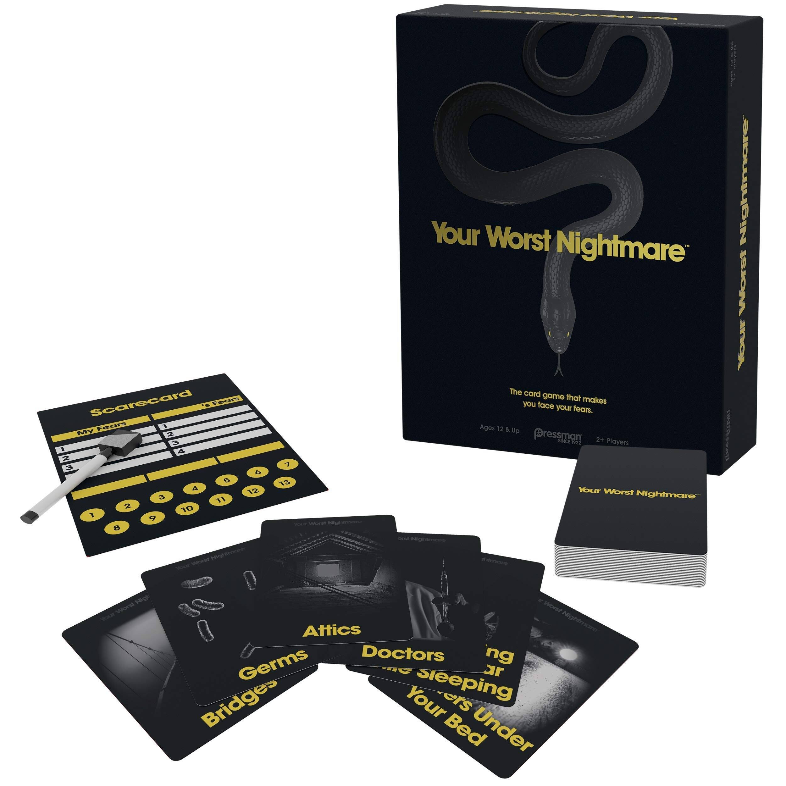 Scarecard's Fears  
My Fears  
1 2 3 1 4 2 3 6 5 4 12 3 11 2 10 1 9 8  
Worst Nightmare  
Your  
7 13  
Your Worst Nightmare  
Nightmare EDR 2018  
Your PS Worst Nightmare  
Worst Nightmare  
YOUR  
The card game that makes you face your fears.  
Ages 12 & Up  
Pressman SINCE 1922  
2+ Players  
Your Worst Nightmare  
une Nightmare  
phimano  
Nigh Your Worst  
Attics Doctors Germs Sleeping ar Bridges Your rs Bed Under