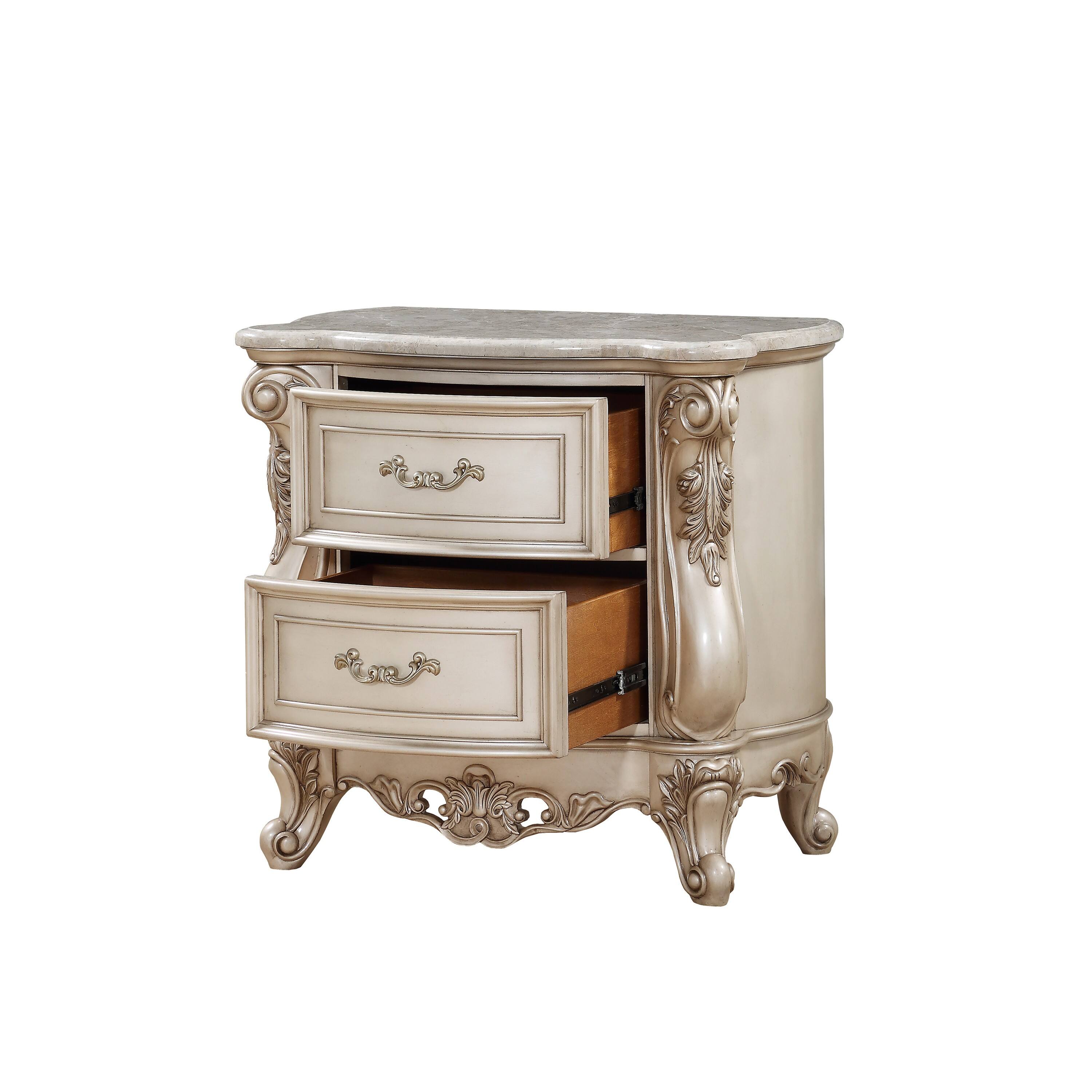 Left. Manhattan Lane - 2 Drawer Nightstand With Raised Scrolled Floral Moulding - White.