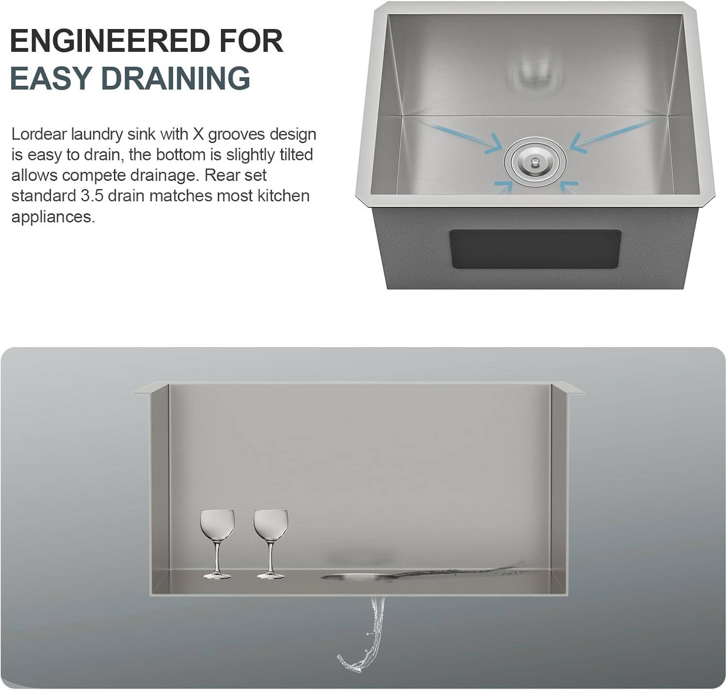 The text on the image can be grouped and corrected as follows:

---

**Engineered for Easy Draining**

Lordear laundry sink with X grooves design is easy to drain. The bottom is slightly tilted, allowing complete drainage. Rear set standard 3.5-inch drain matches most kitchen appliances.

---

This text highlights the features of the Lordear laundry sink, emphasizing its design for efficient drainage.