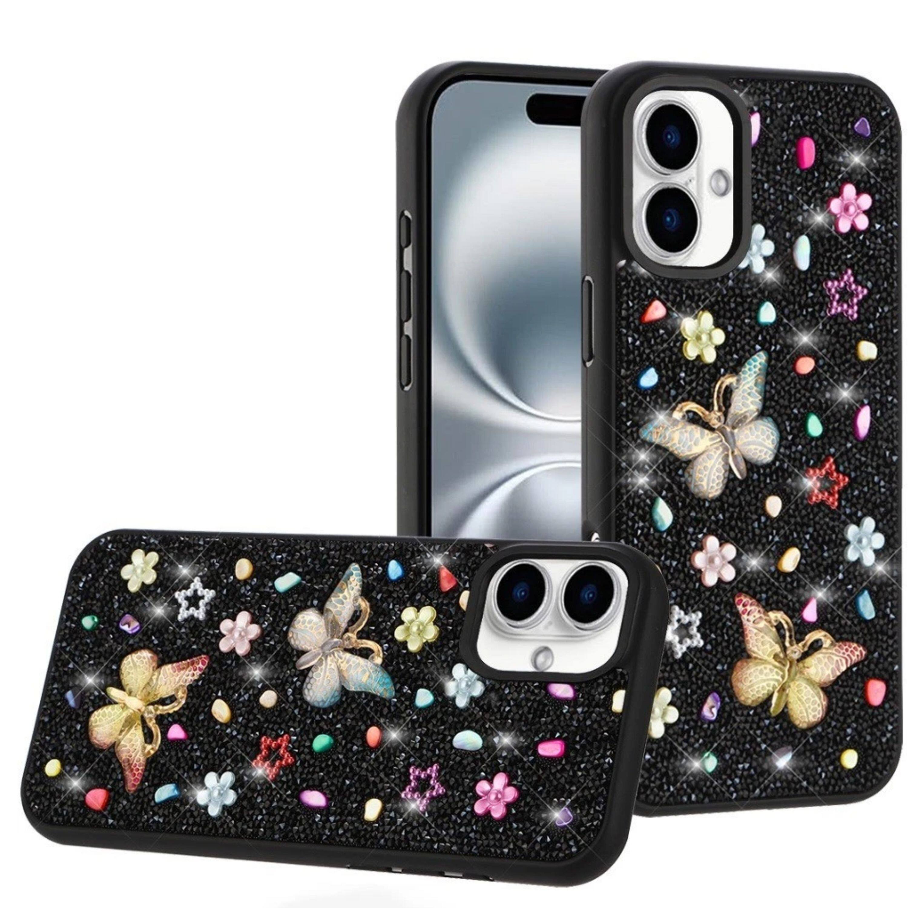 Front. Kitcheniva - 3D Butterfly Jewel Glitter Case With Tempered Glass For iPhone 16 Black - Black.