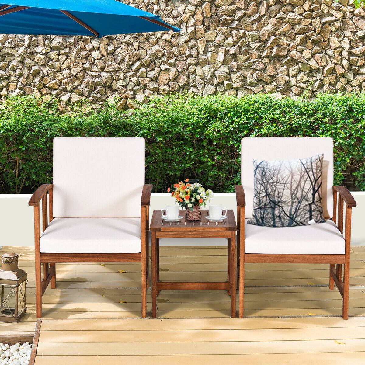 Alt View 2. SlickBlue - 3 Piece Solid Wood Patio Furniture Set, Outdoor Sofa with Cushions - White.