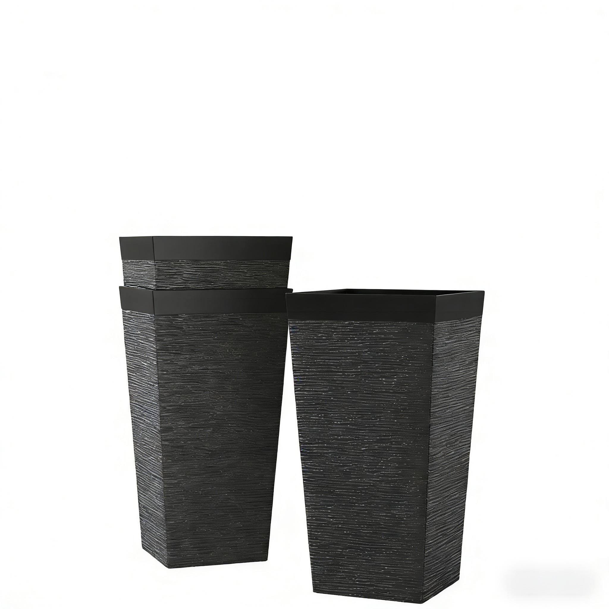 Front. Tenleaf - Modern Design Stackable Tapered Planters Set of 3 Outdoor Planters Black.