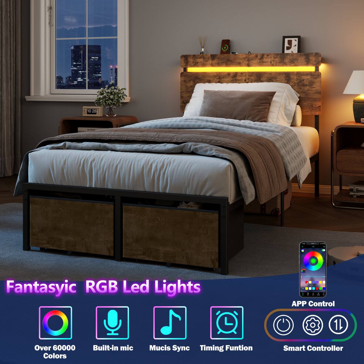 Fantasyic RGB Led Lights  
APP Control  
Over 60000 Colors  
Built-in mic  
Music Sync  
Timing Function  
Smart Controller