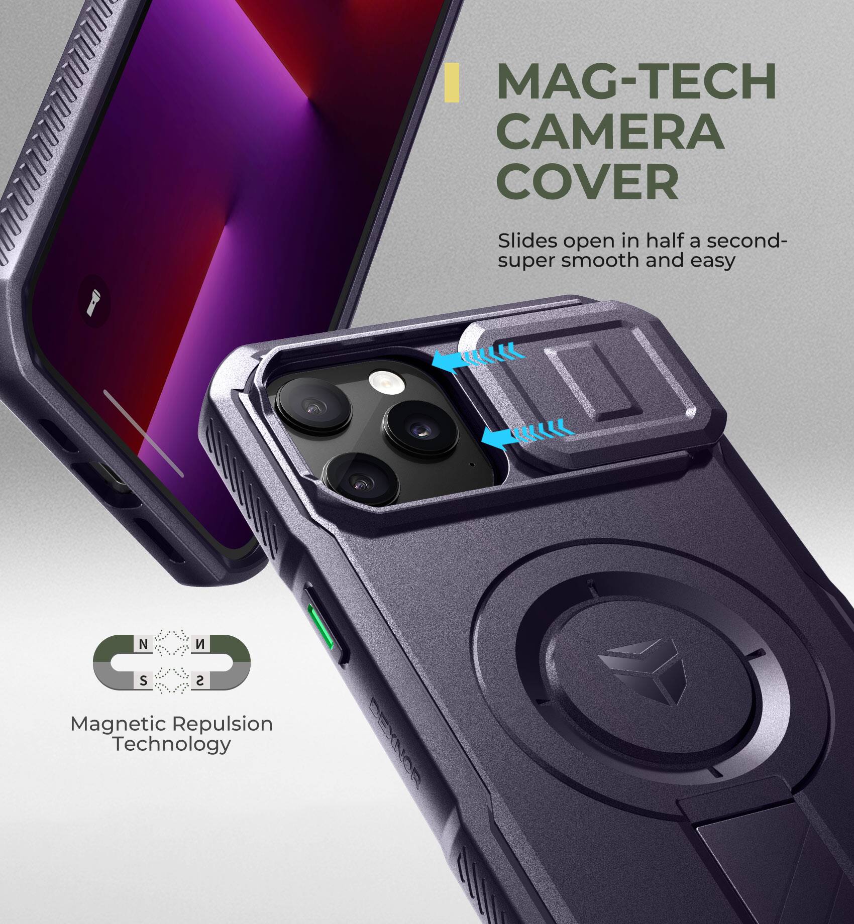 MAG-TECH CAMERA COVER  
Slides open in half a second- super smooth and easy  

N  
CR C S S  
Magnetic Repulsion Technology  
DEYNOR