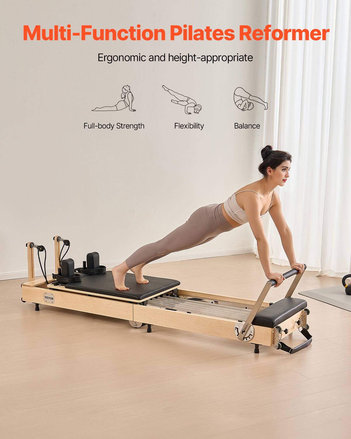Multi-Function Pilates Reformer

Ergonomic and height-appropriate

Full-body Strength

Flexibility

Balance