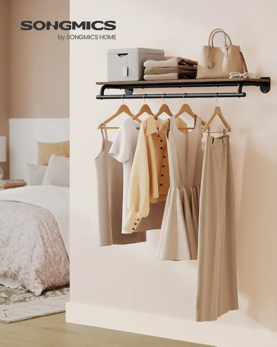 Coming Rod Racks Songmics Home Clothes Rack with Top Shelf, Wall Mounted Clothing Rack ...