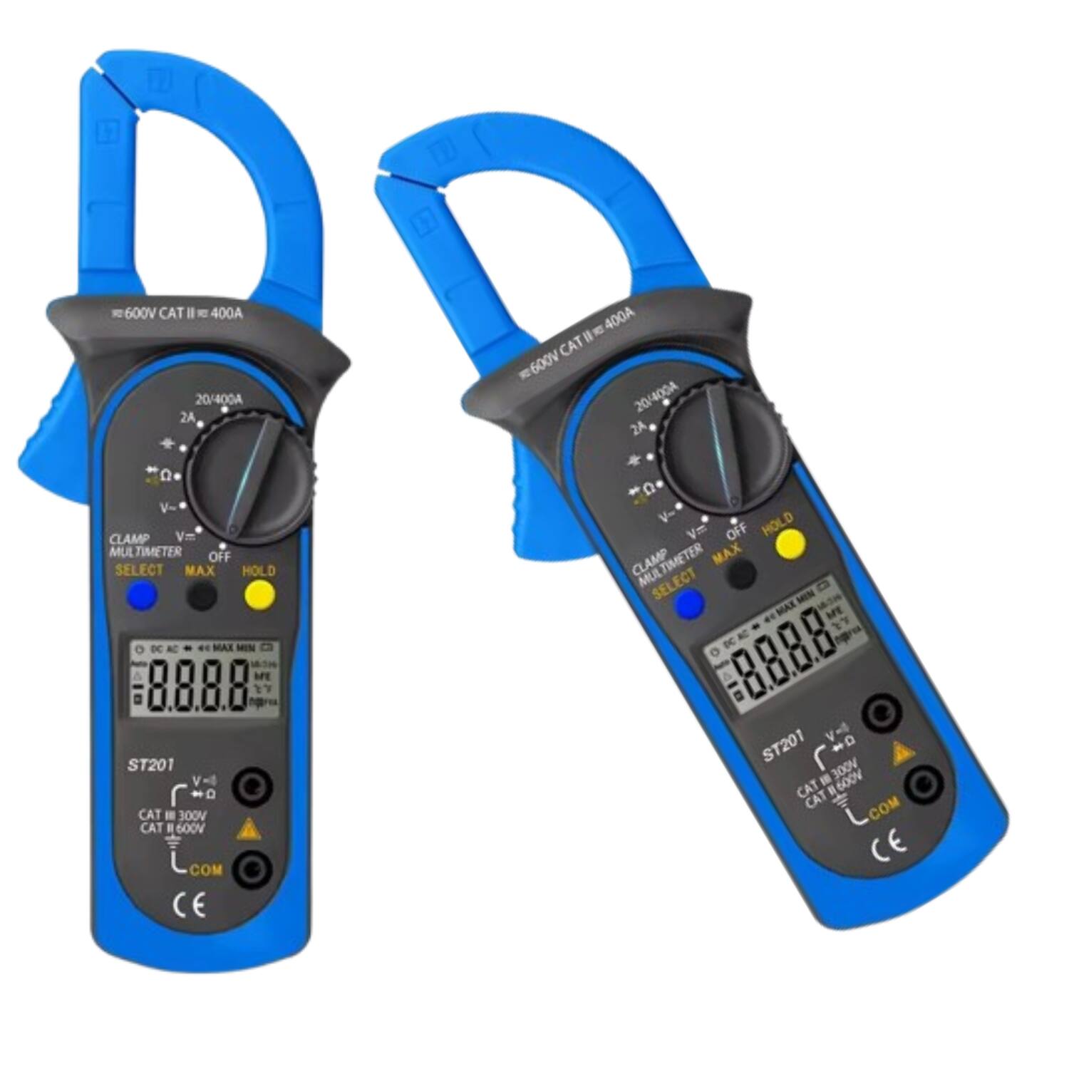 600V CAT II - 400A  
20/400A 2A  
V- CLAMP  
MULTIMETER  
OFF SELECT MAX HOLD  
DC AC MAX MIN  
ST201  
V=  
CAT I 300V  
CAT II 600V  
COM  
CE  

600V CAT II = 400A  
20/400A 2A  
V- CLAMP  
MULTIMETER  
OFF SELECT MAX HOLD  
DC AC MAX MIN  
ST201  
V=  
CAT I 300V  
CAT II 600V  
COM  
CE