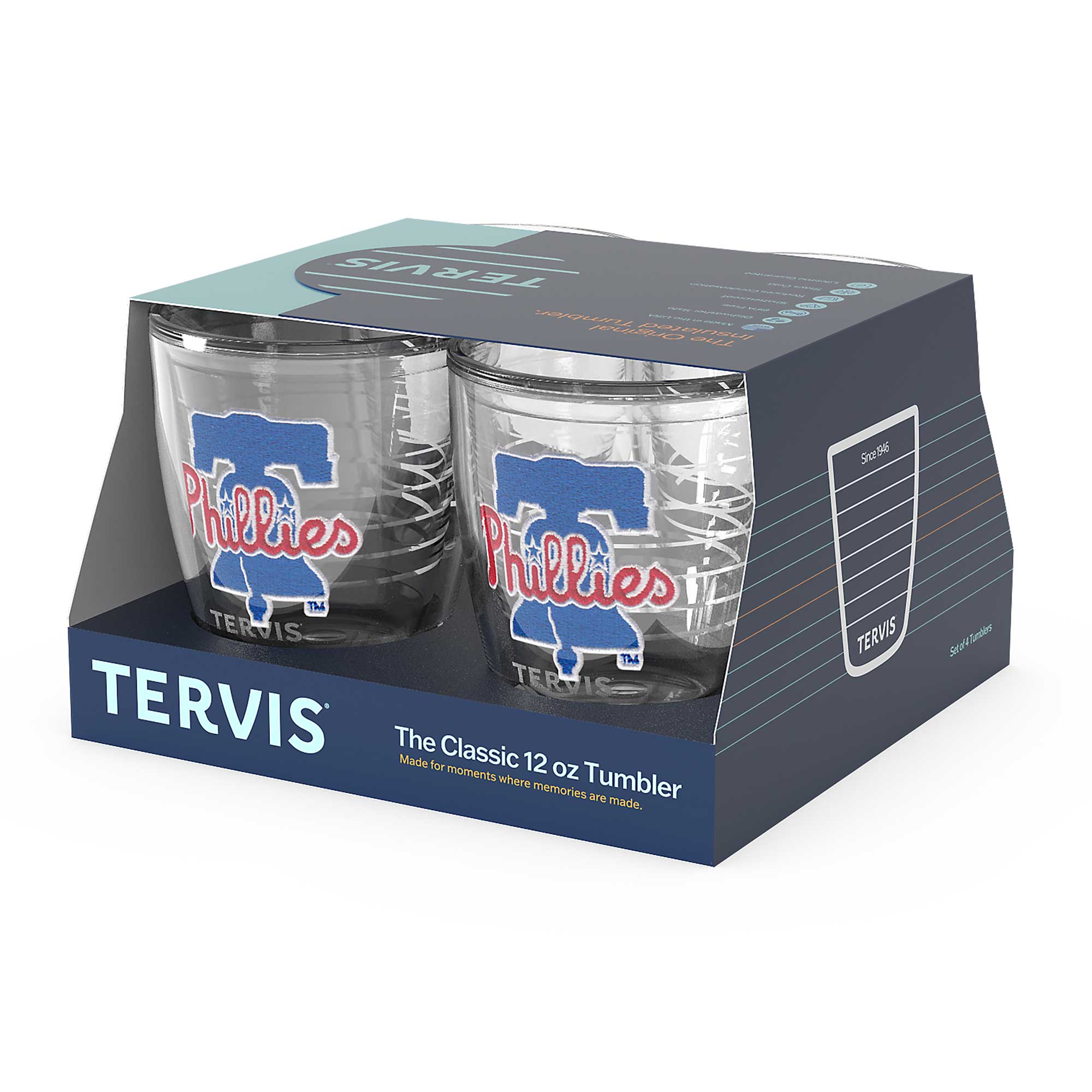 TERVIS  
The Classic 12 oz Tumbler  
Made for moments where memories are made.  

Phillies  
TERVIS  

TERVIS  
The Classic 12 oz Tumbler  
Made for moments where memories are made.  

Size: 8.5 oz  
Set of 2 Tumblers