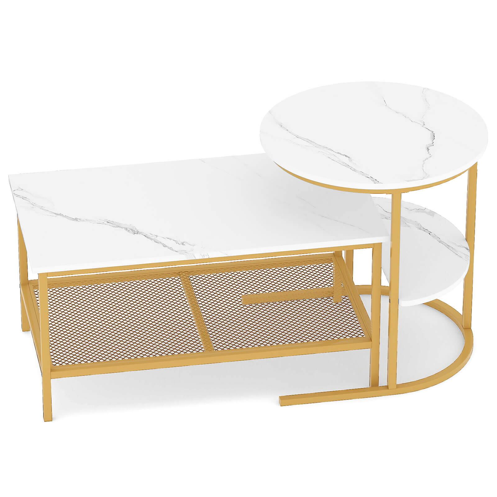 Alt View 9. Costway - Costway Coffee Table Set of 2, 2-Tier Coffee Table and Side End Table with Storage Shelves - White & Gold.