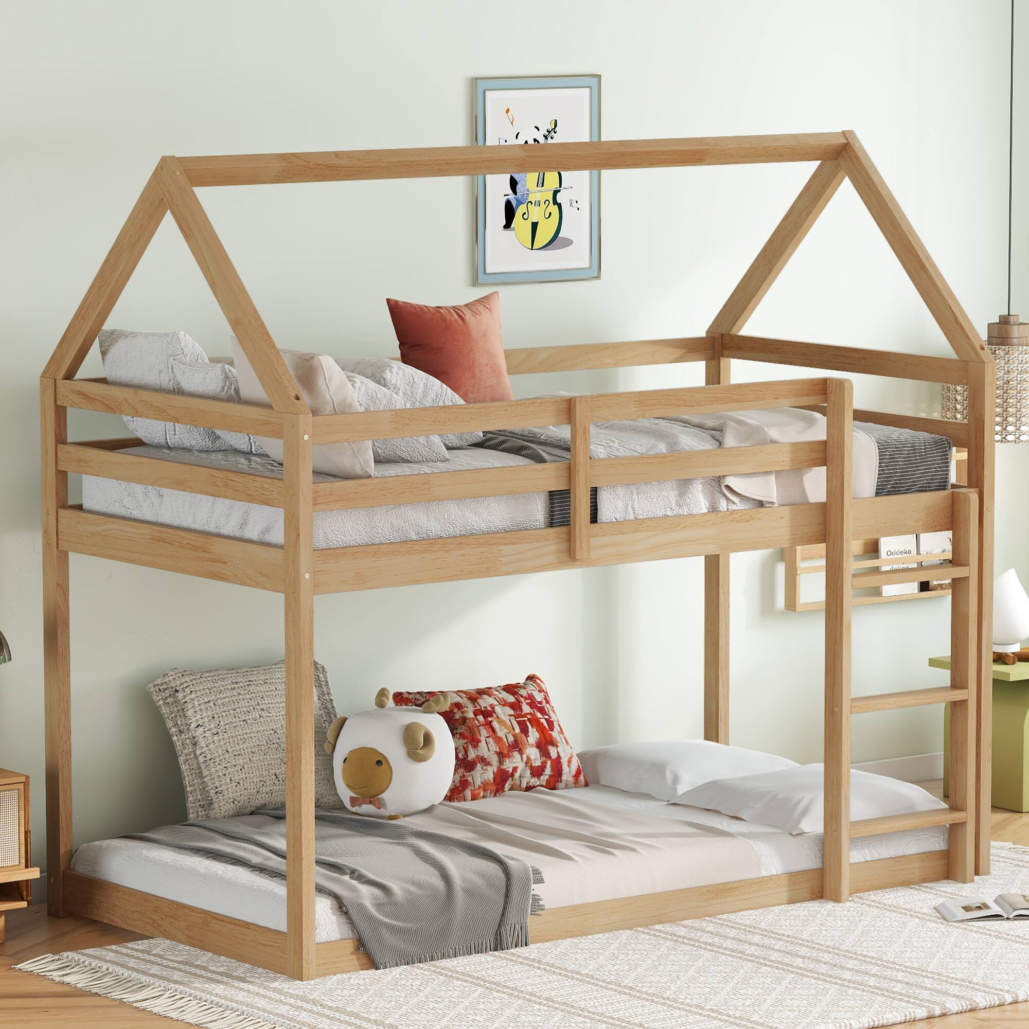 Alt View 7. GOODSILO - House-Shaped Twin Over Twin Rubber Wood Bunk Bed with Ladder and Guardrails for Kids - White+Oak.
