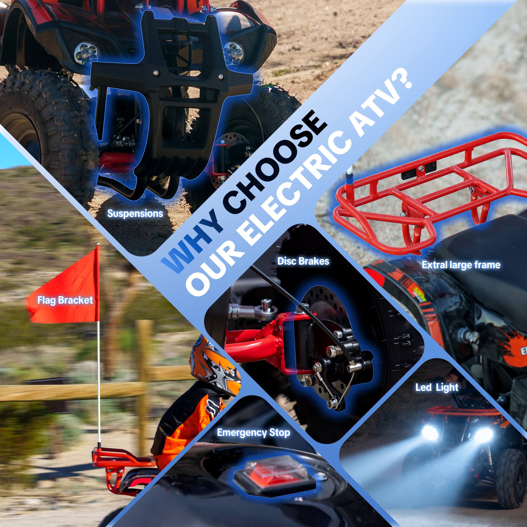 ATV? Suspensions WHY OUR ELECTRIC Disc Brakes Extra large frame Flag Bracket Led Light Emergency Stop