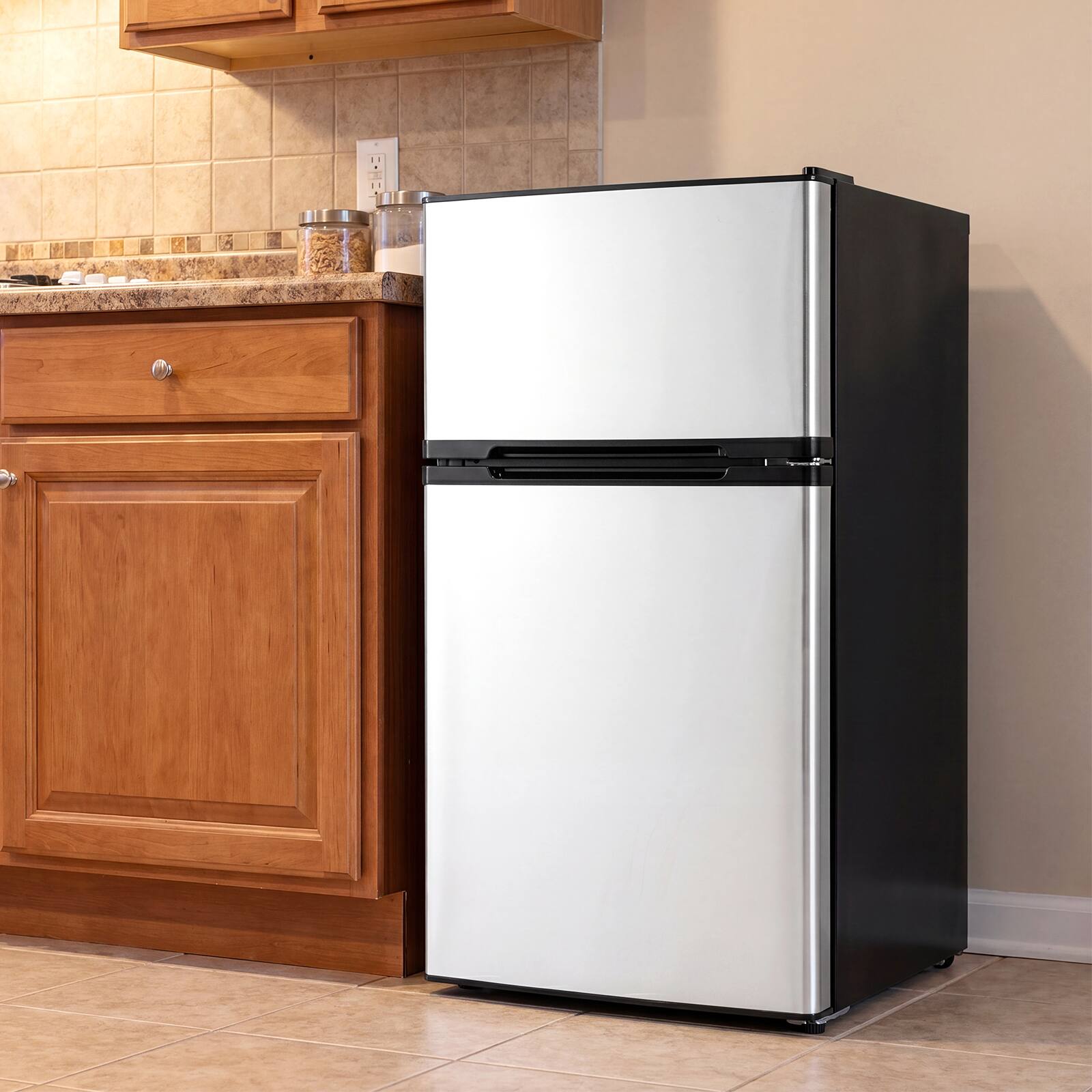 Alt View 3. Costway - Costway Mini Fridge with Freezer, Double Door Small Refrigerator with Adjustable Thermostat - Silver+Black.