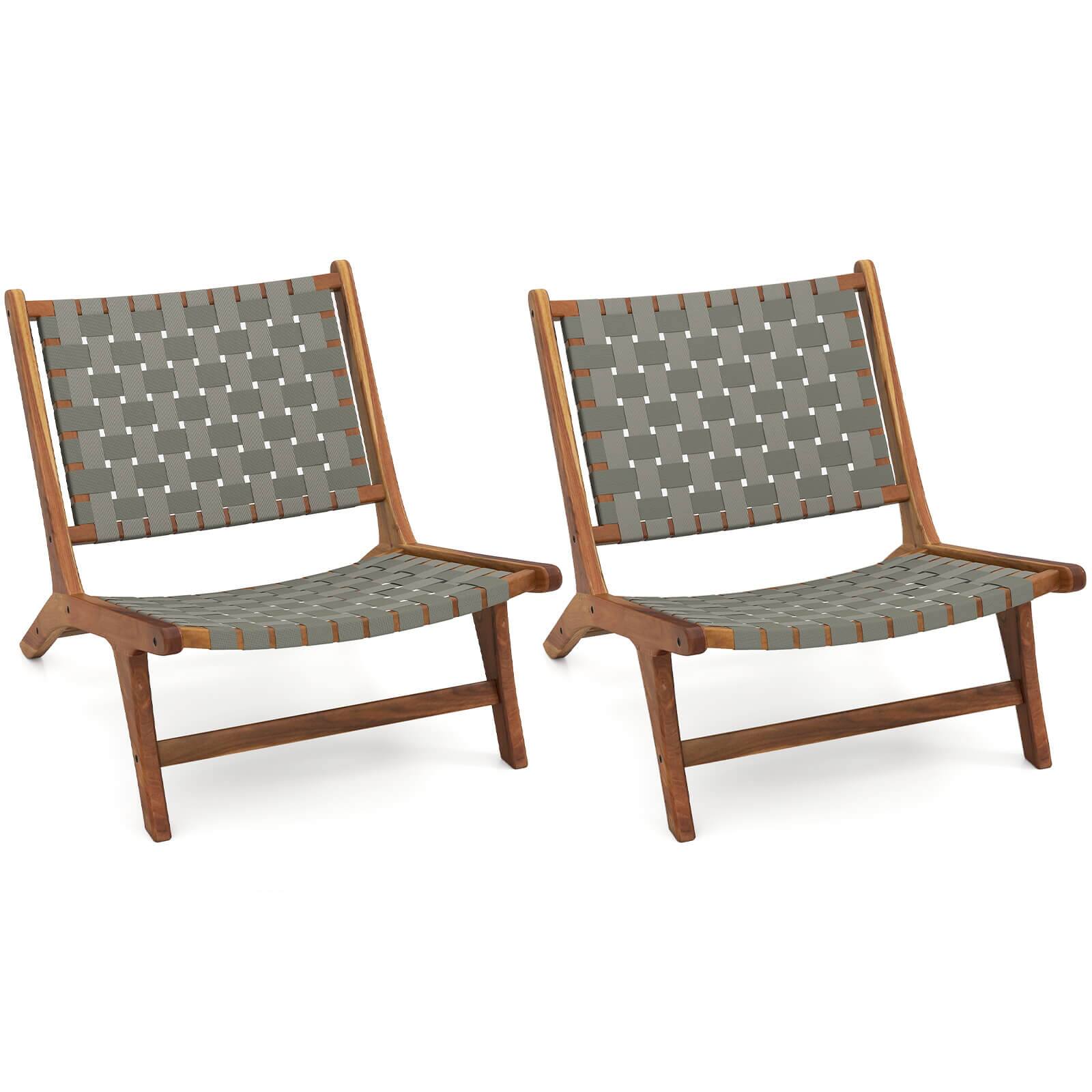 Front. Costway - Coatway 2 PCS Patio Teak Wood Chair with Nylon Webbing Seat & Back for Backyard, Porch - Natural,Gray.