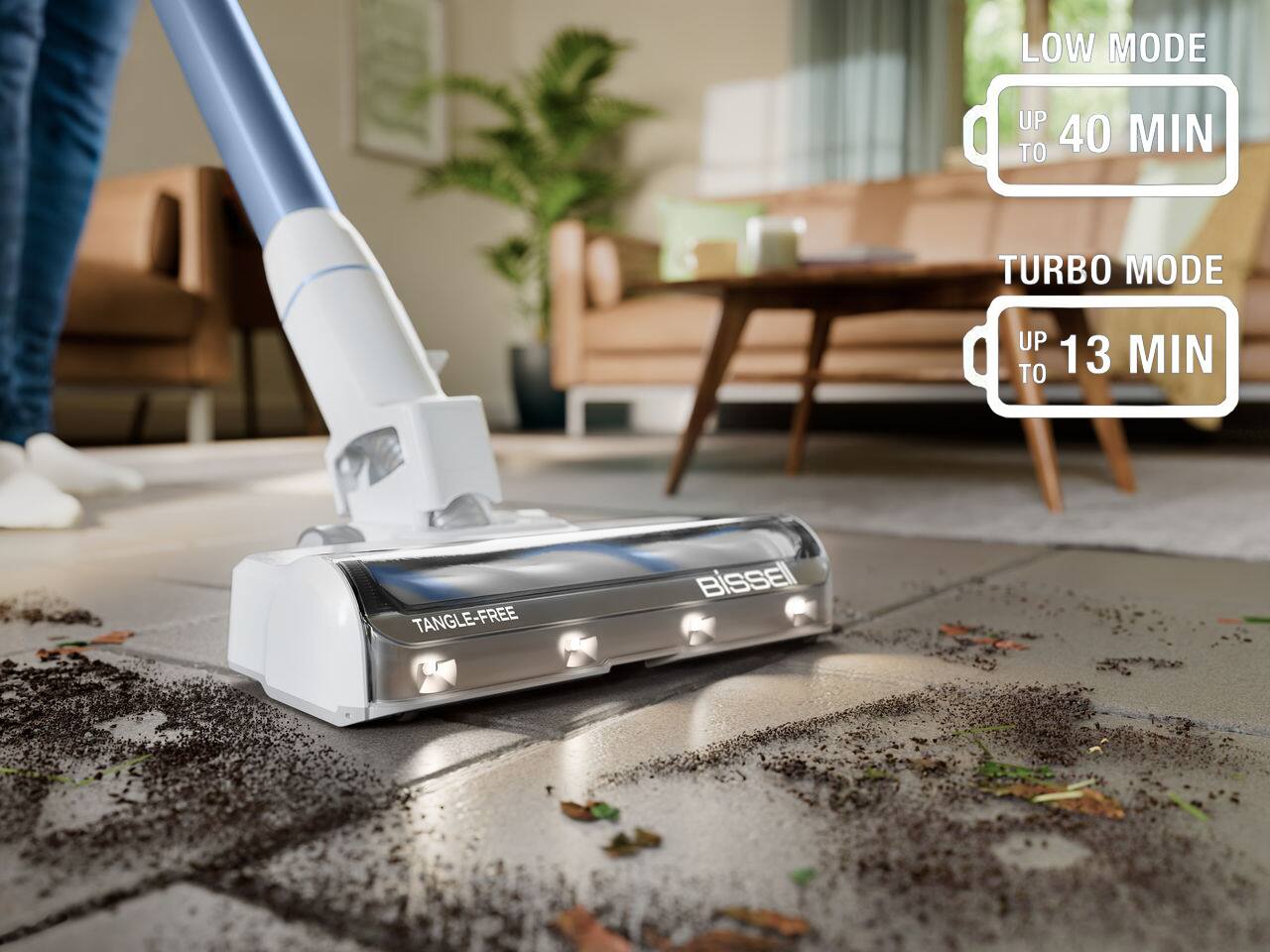 LOW MODE UP TO 40 MIN  
TURBO MODE UP TO 13 MIN  
TANGLE-FREE  
BISSELL