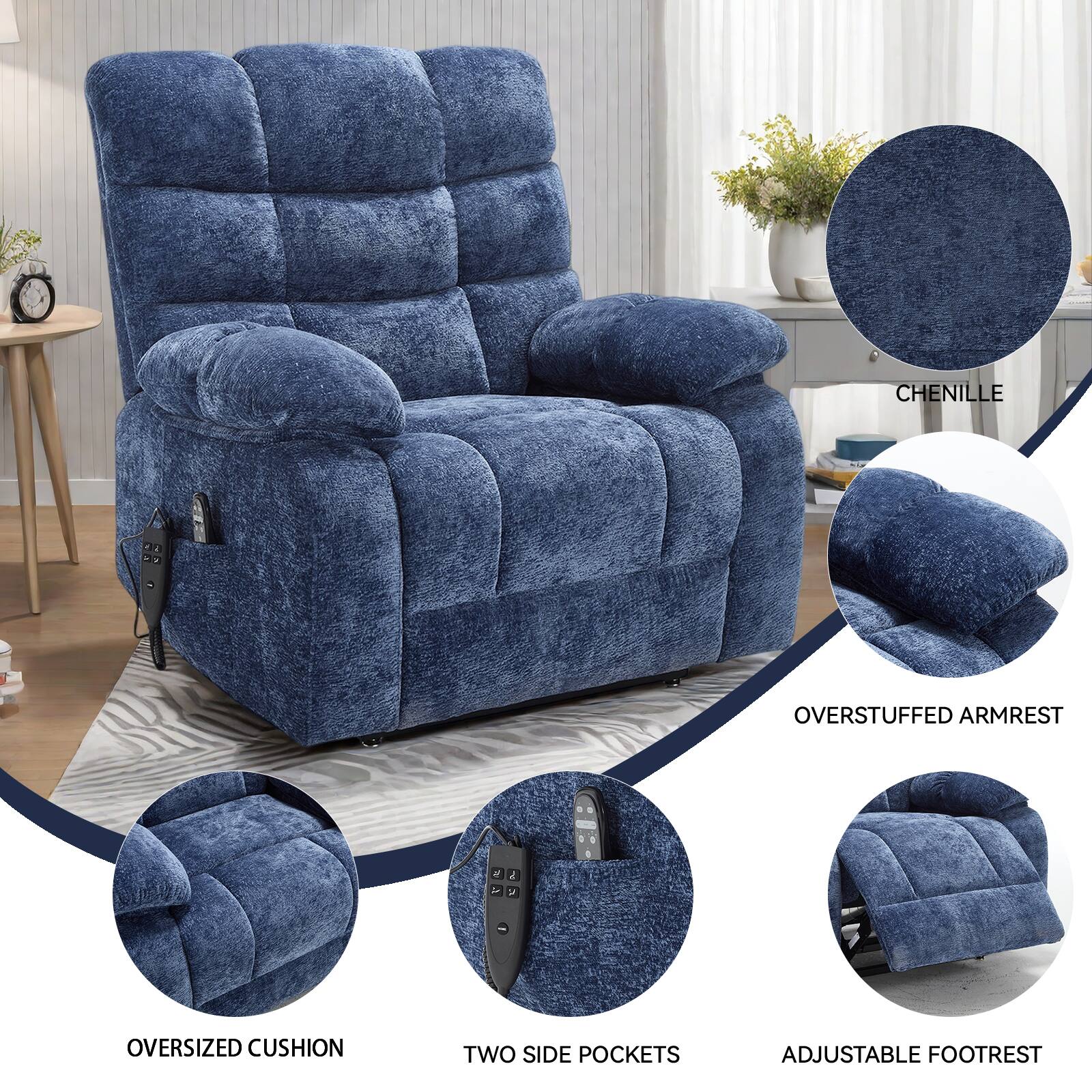- Chenille
- Overstuffed armrest
- Oversized cushion
- Two side pockets
- Adjustable footrest