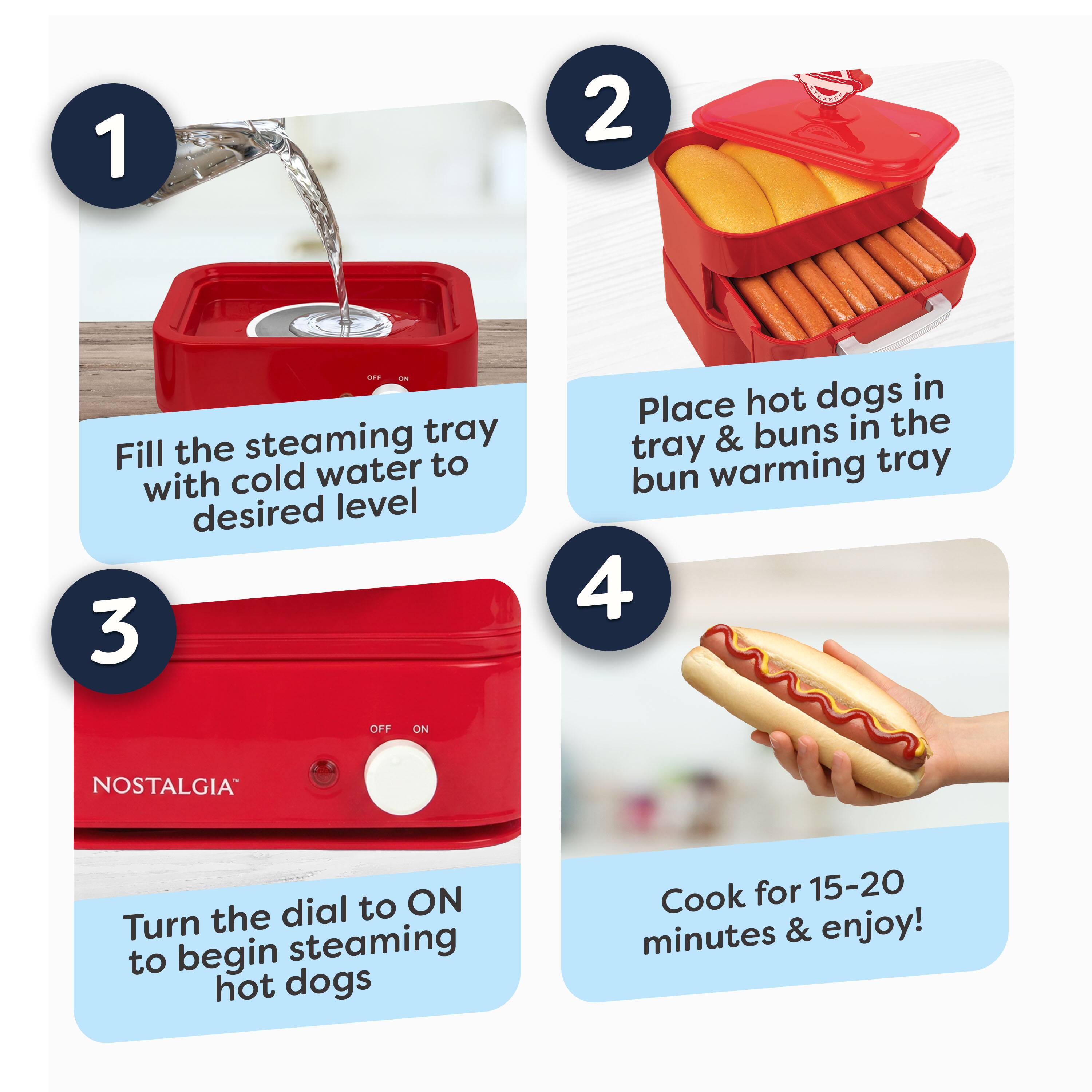 1. Fill the steaming tray with cold water to desired level
2. Place hot dogs in tray & buns in the bun warming tray
3. Turn the dial to ON to begin steaming hot dogs
4. Cook for 15-20 minutes & enjoy!