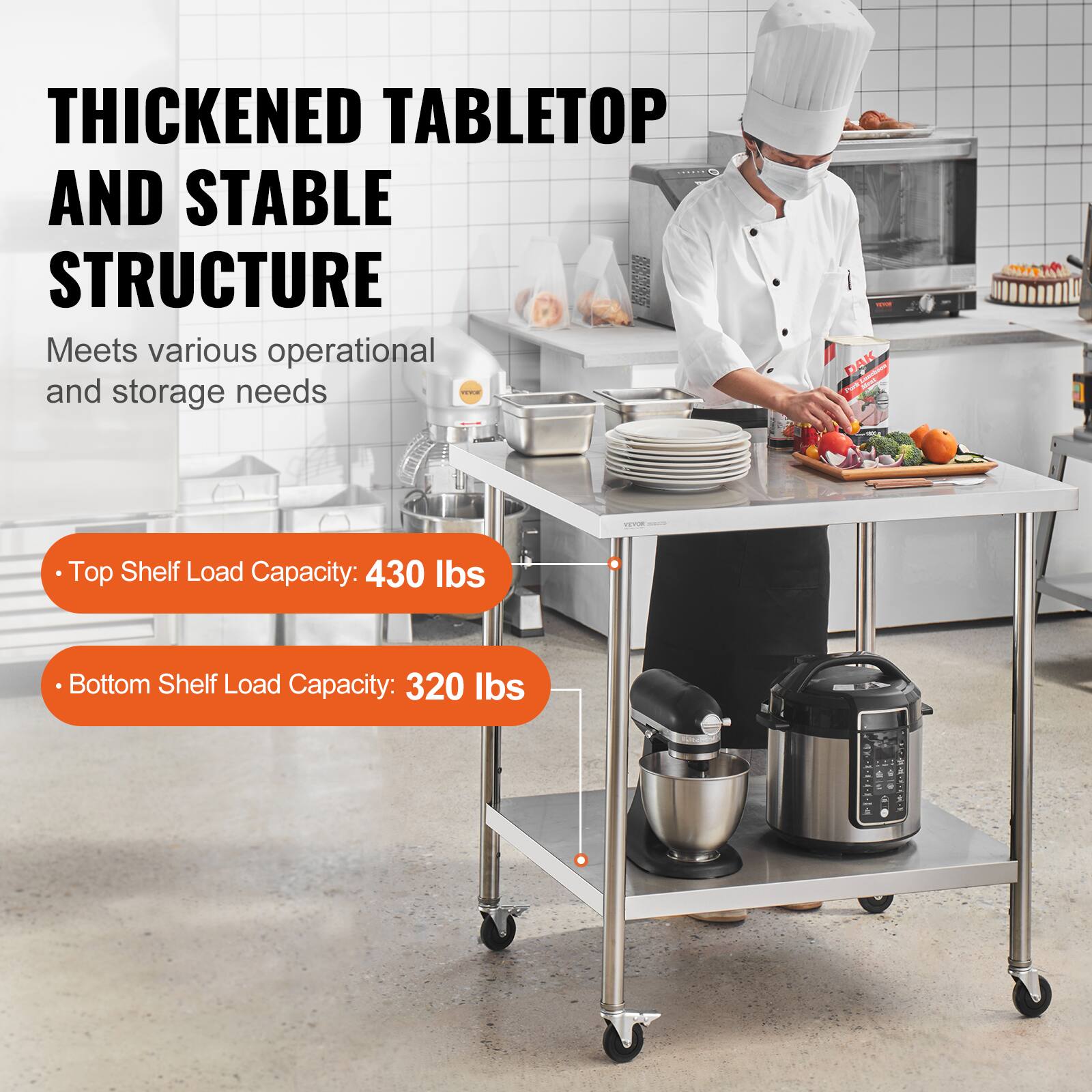 THICKENED TABLETOP AND STABLE STRUCTURE Meets various operational and storage needs

- Top Shelf Load Capacity: 430 lbs
- Bottom Shelf Load Capacity: 320 lbs