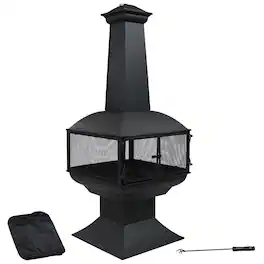 Sunnydaze - Steel Wood Burning 360-View Chiminea with Log Grate/Poker - 57 in - Black