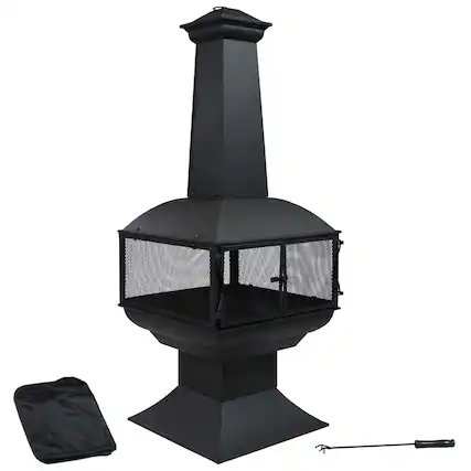 Front. Sunnydaze - Steel Wood Burning 360-View Chiminea with Log Grate/Poker - 57 in - Black.