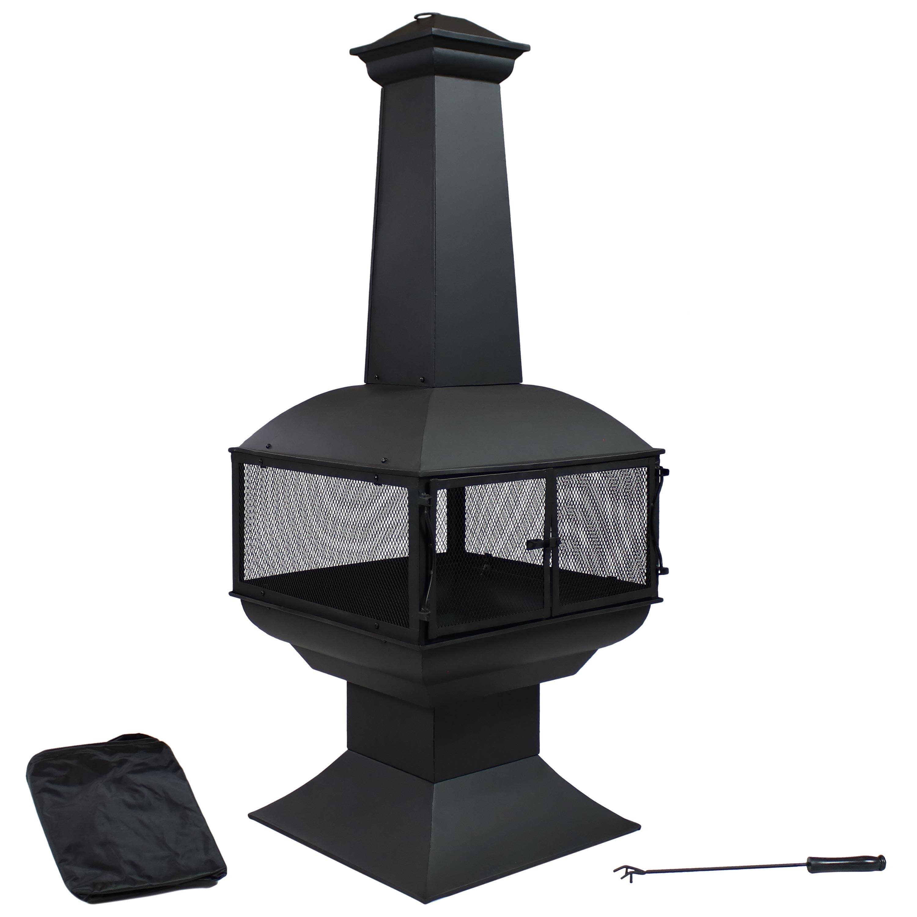 Front. Sunnydaze - Steel Wood Burning 360-View Chiminea with Log Grate/Poker - 57 in - Black.