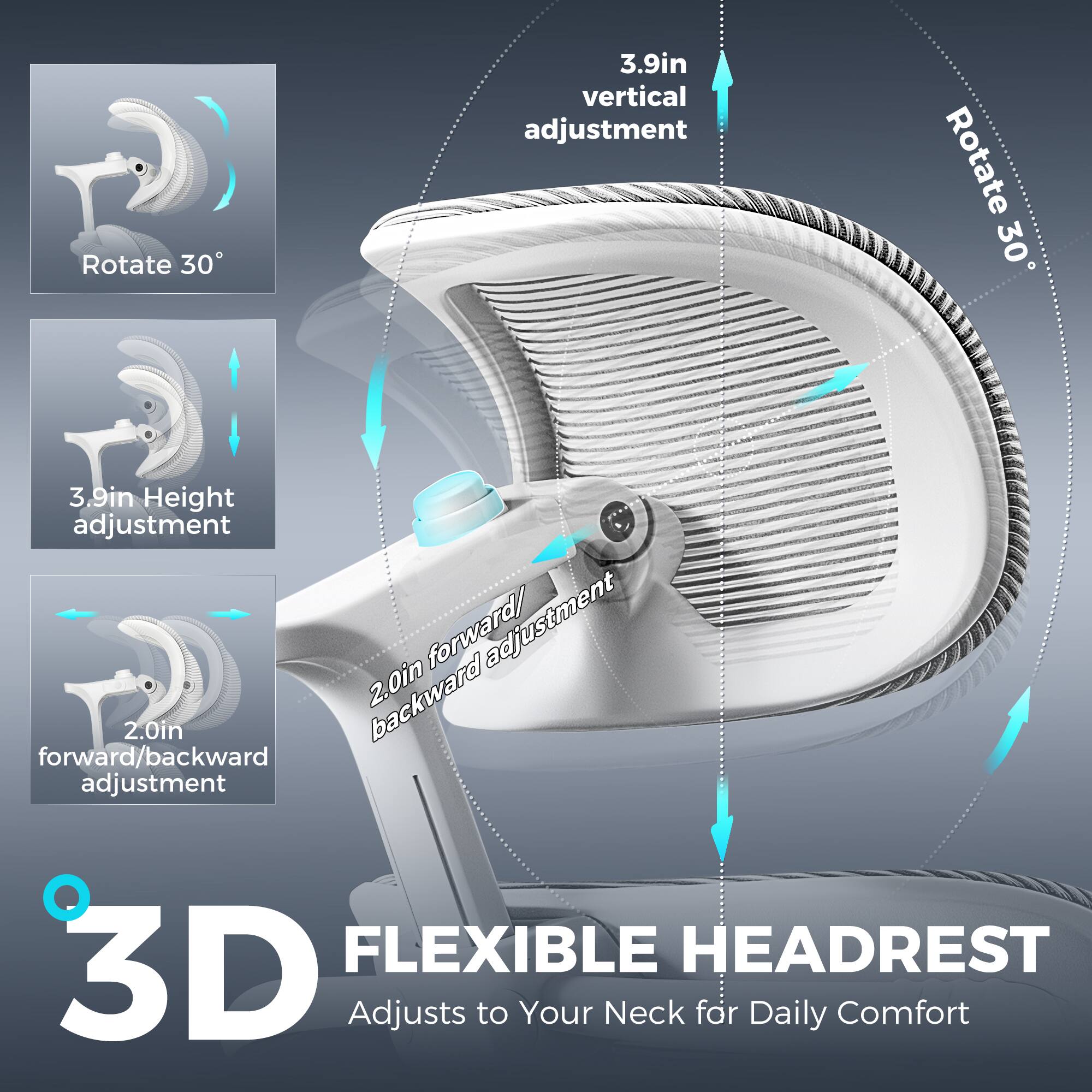 Rotate 30°  
3.9in vertical adjustment  
3.9in height adjustment  
2.0in forward/backward adjustment  
3D FLEXIBLE HEADREST  
Adjusts to Your Neck for Daily Comfort