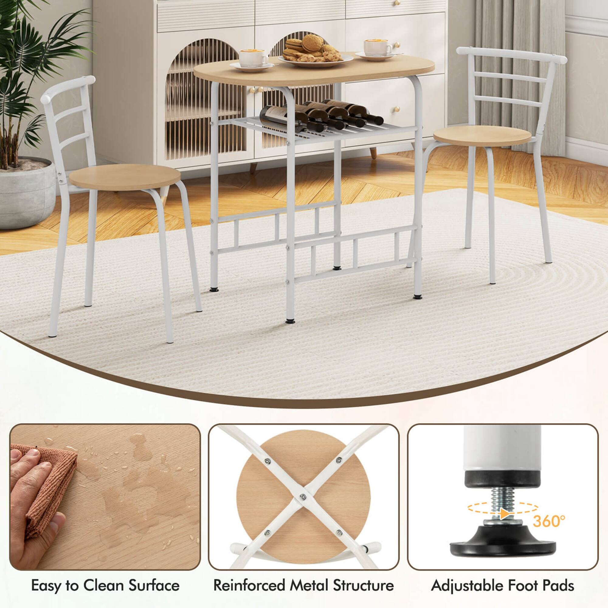 The image features a white table and chairs set, with a focus on the table's surface. The table is described as having an easy-to-clean surface, reinforced metal structure, and adjustable foot pads. The chairs are white and are placed around the table, creating a comfortable and functional dining area.