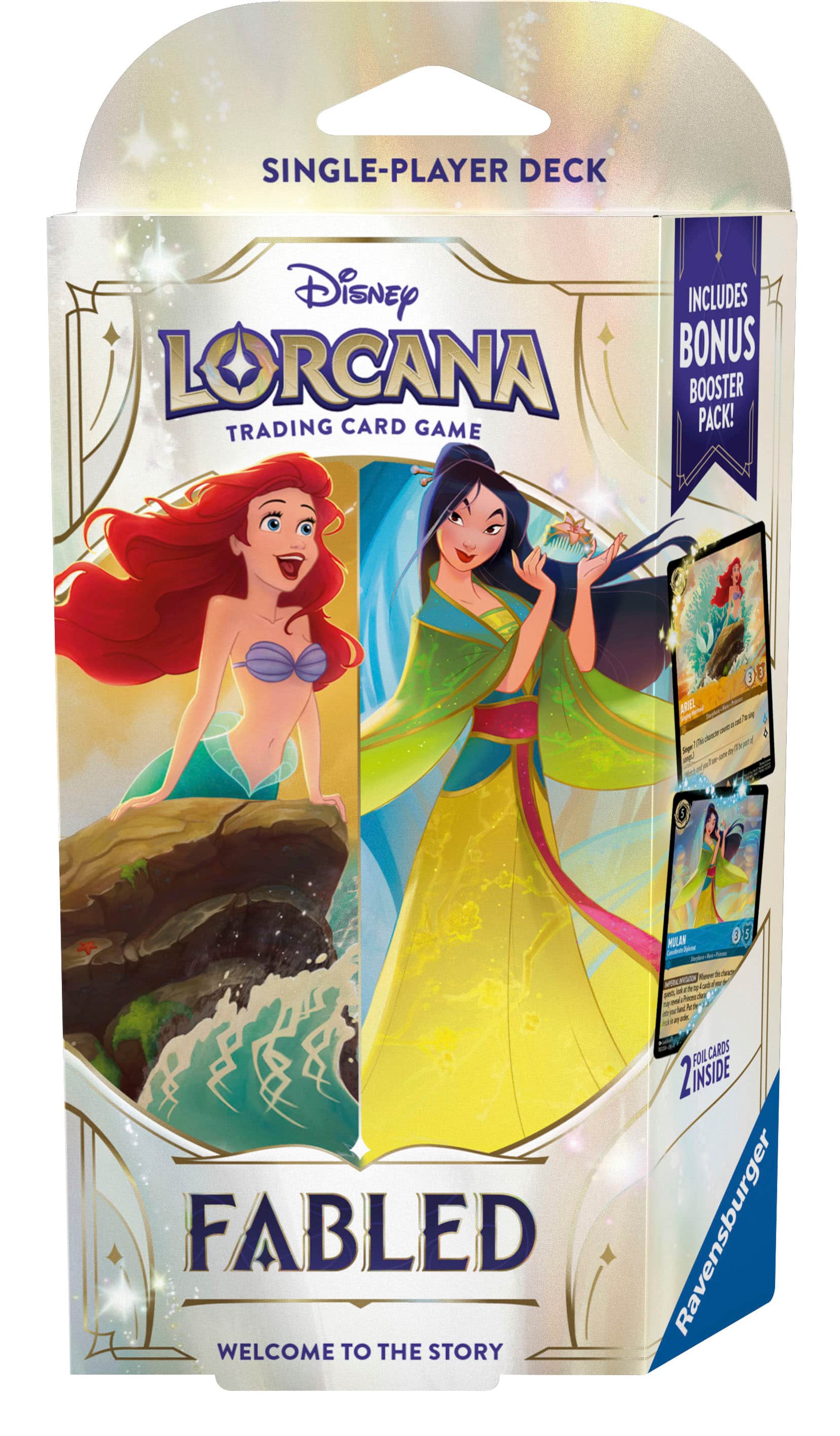 SINGLE-PLAYER DECK Disney INCLUDES LORCANA BONUS BOOSTER TRADING CARD GAME PACK! 0E BREL 7S A A - R em d - - mp OF - MIL M - 5 Toon M 2 MI R i S Cah Juni M A - - - FOIL CARDS 2 INSIDE FABLED Ravensburger WELCOME TO THE STORY