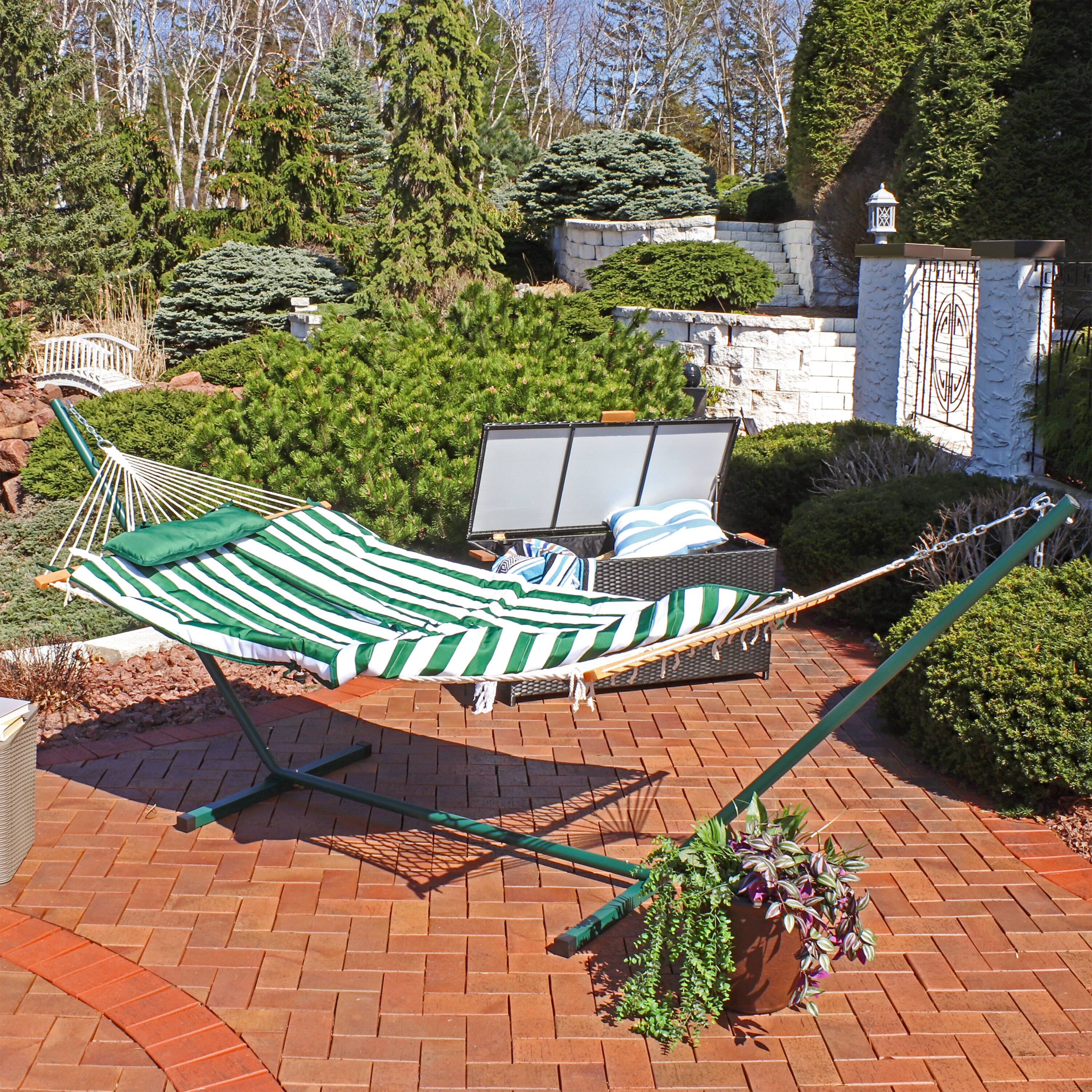 Alt View 5. Sunnydaze - Large Rope Hammock with Steel Stand and Pad/Pillow - Green and White Stripe.