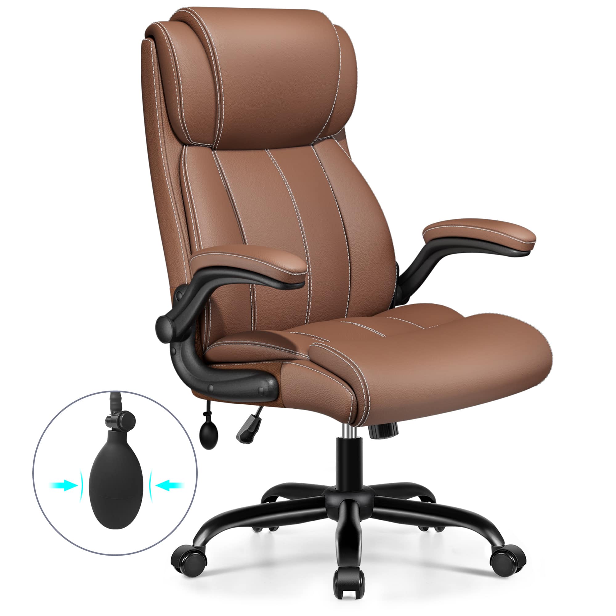 KERDOM - Ergonomic Office Chair - Desk Computer Chair, PU Leather High Back Executive Chair, Inflatable Lumbar Support, Wide Seat - Brown - Thumbnail 2
