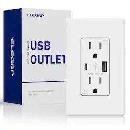 ELEGRP - USB Outlet Receptacle, 15A Outlet with USB C and USB A, 21W Duplex TR Wall Outlet, w/Wall Plate, UL Listed - White