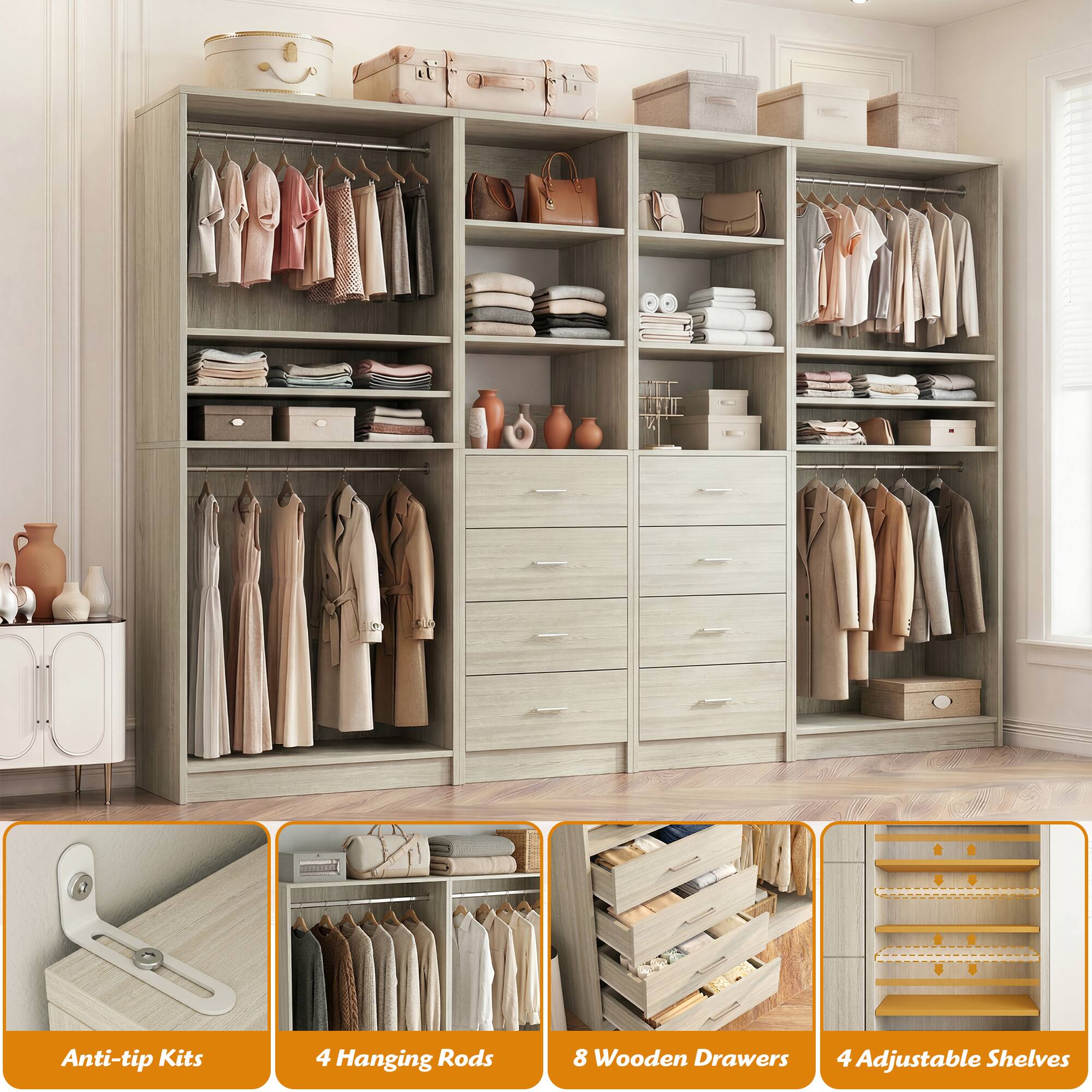 See Anti-tip Kits, 4 Hanging Rods, 8 Wooden Drawers, 4 Adjustable Shelves