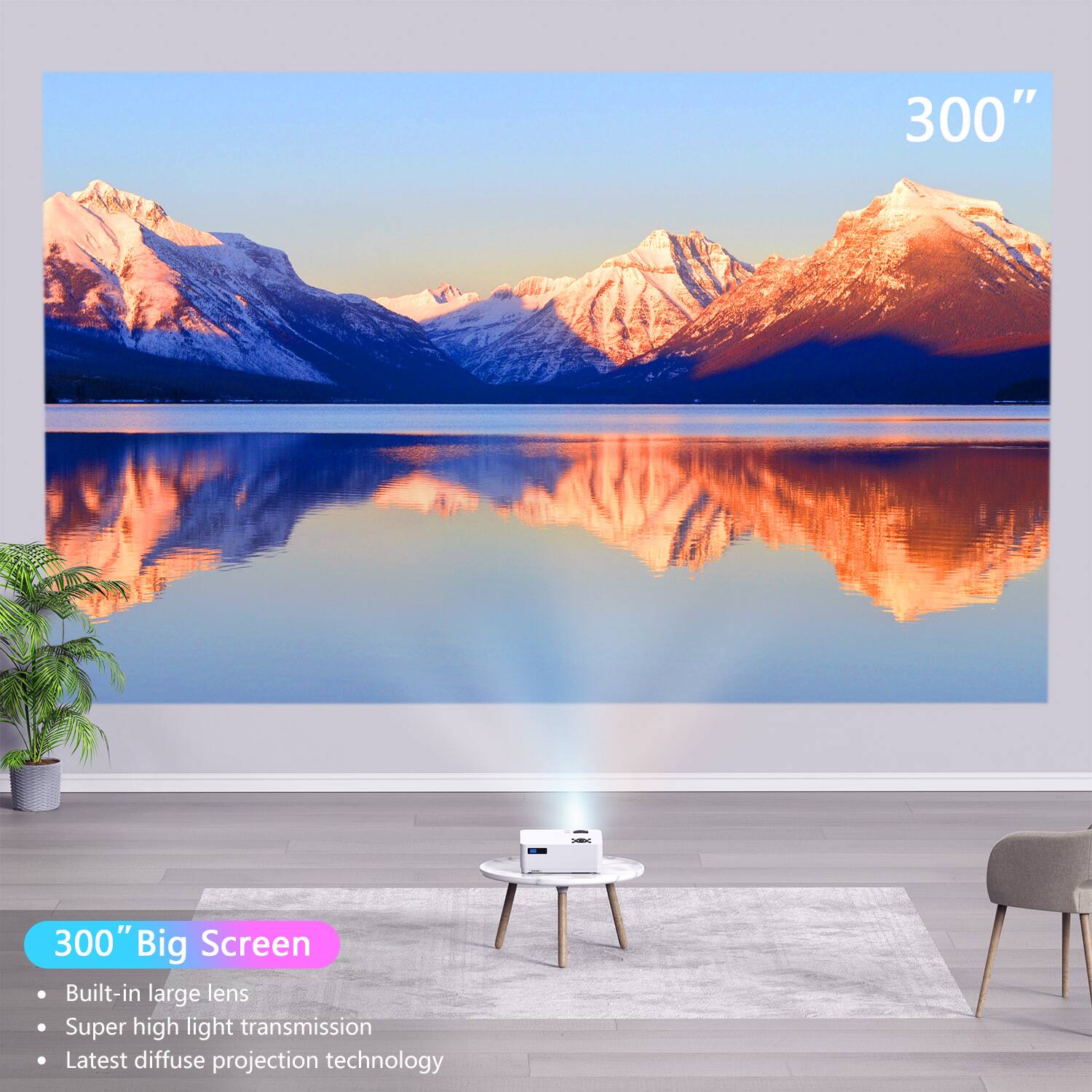300" Big Screen

- Built-in large lens
- Super high light transmission
- Latest diffuse projection technology