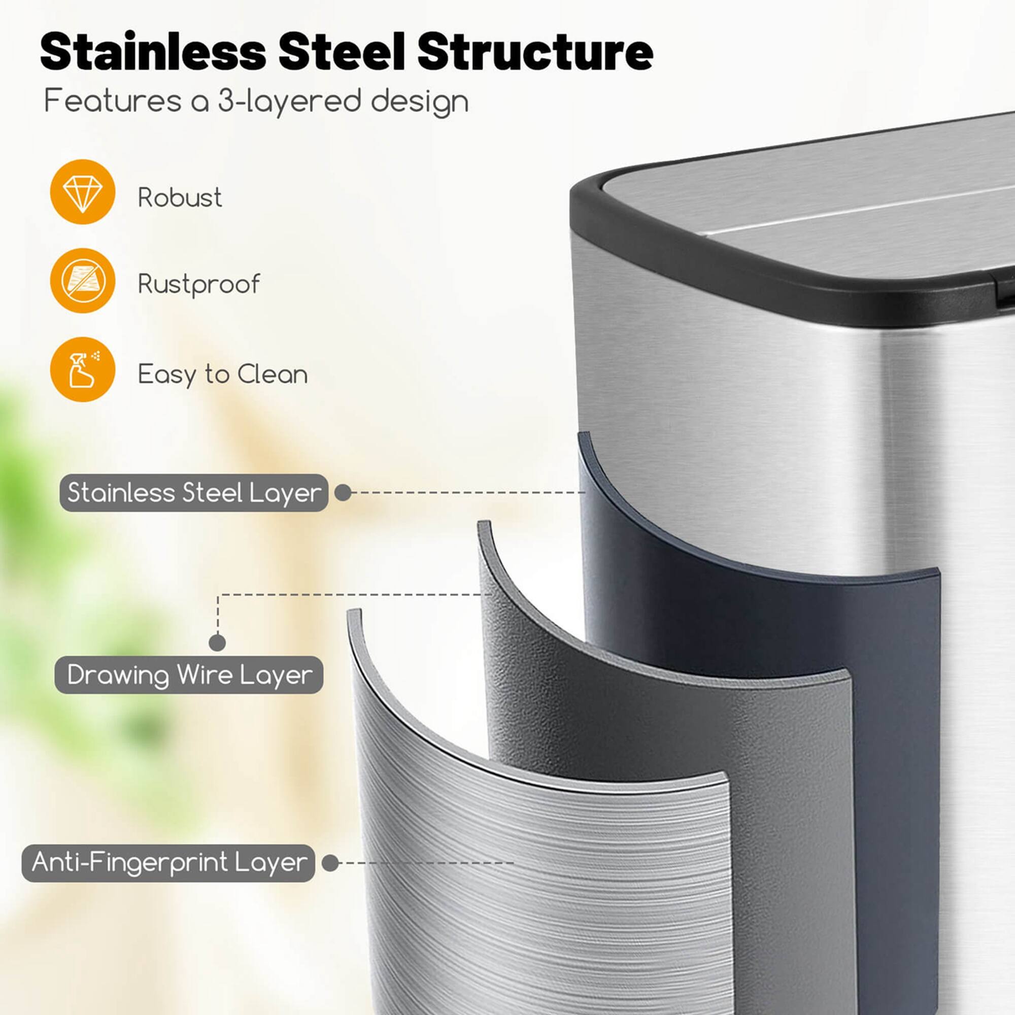 Stainless Steel Structure  
Features a 3-layered design

- Robust
- Rustproof
- Easy to Clean

Stainless Steel Layer  
Drawing Wire Layer  
Anti-Fingerprint Layer